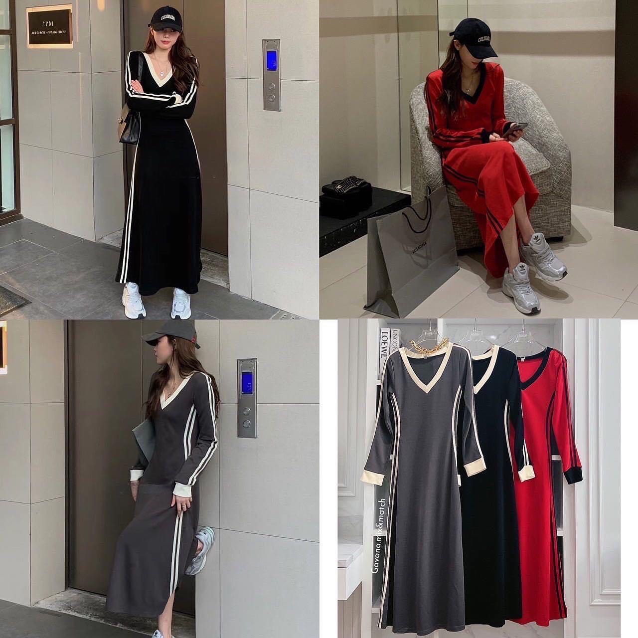 เดรสแขนยาวคอวี บ่าเสริมฟองน้ำ แต่งแถบข้าง ใส่สวยดูดีสไตล์koreaเลยค่า เนื้อผ้าดีมากใส่สบายสุดๆ สินค้าคุณภาพ (พร้อมส่ง)