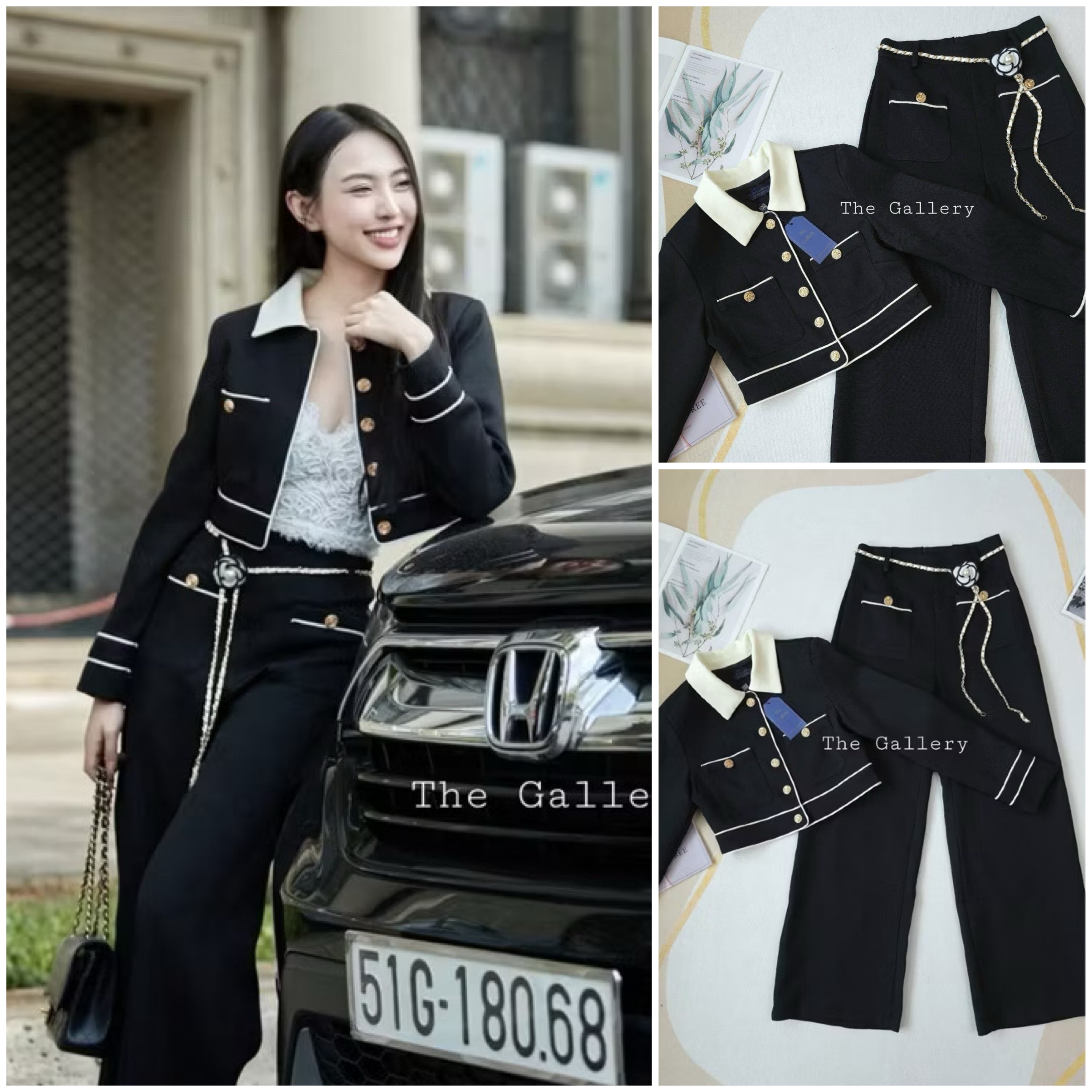 Setชาเนล ตัวแม่หรูหราสุดๆ กับชุดเซ็ต3ชิ้น เสื้อครอปแขนยาวและกางเกงขายาวสุดชิคมาพร้อม เข็มขัดโซ่ดอกไม้ ใส่สบาย : สินค้าคุณภาพ (พร้อมส่ง)