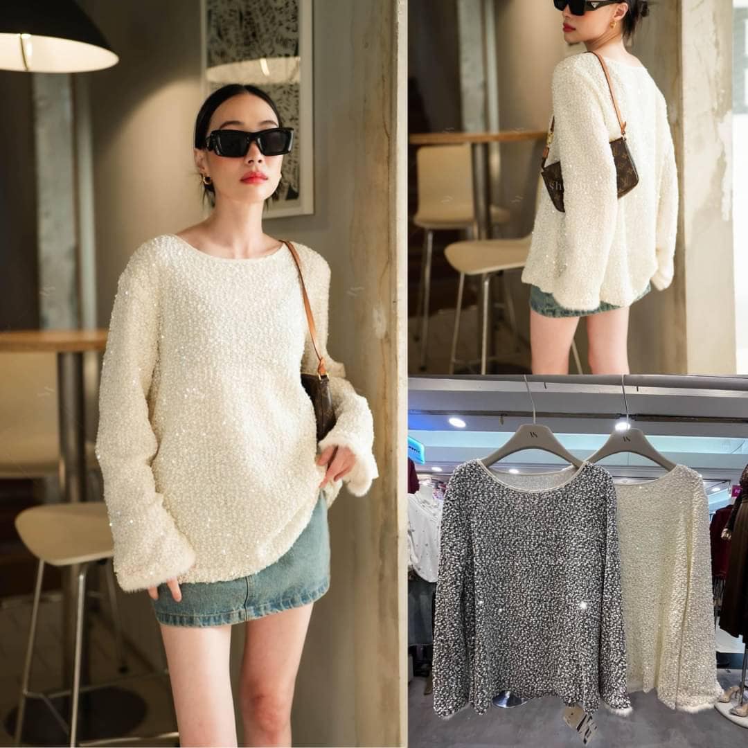 เสื้อแขนยาวแต่งเกร็ด ๆ ปลายแต่งขน ทรงสวย ใส่สบาย : สินค้าคุณภาพ (พร้อมส่ง)