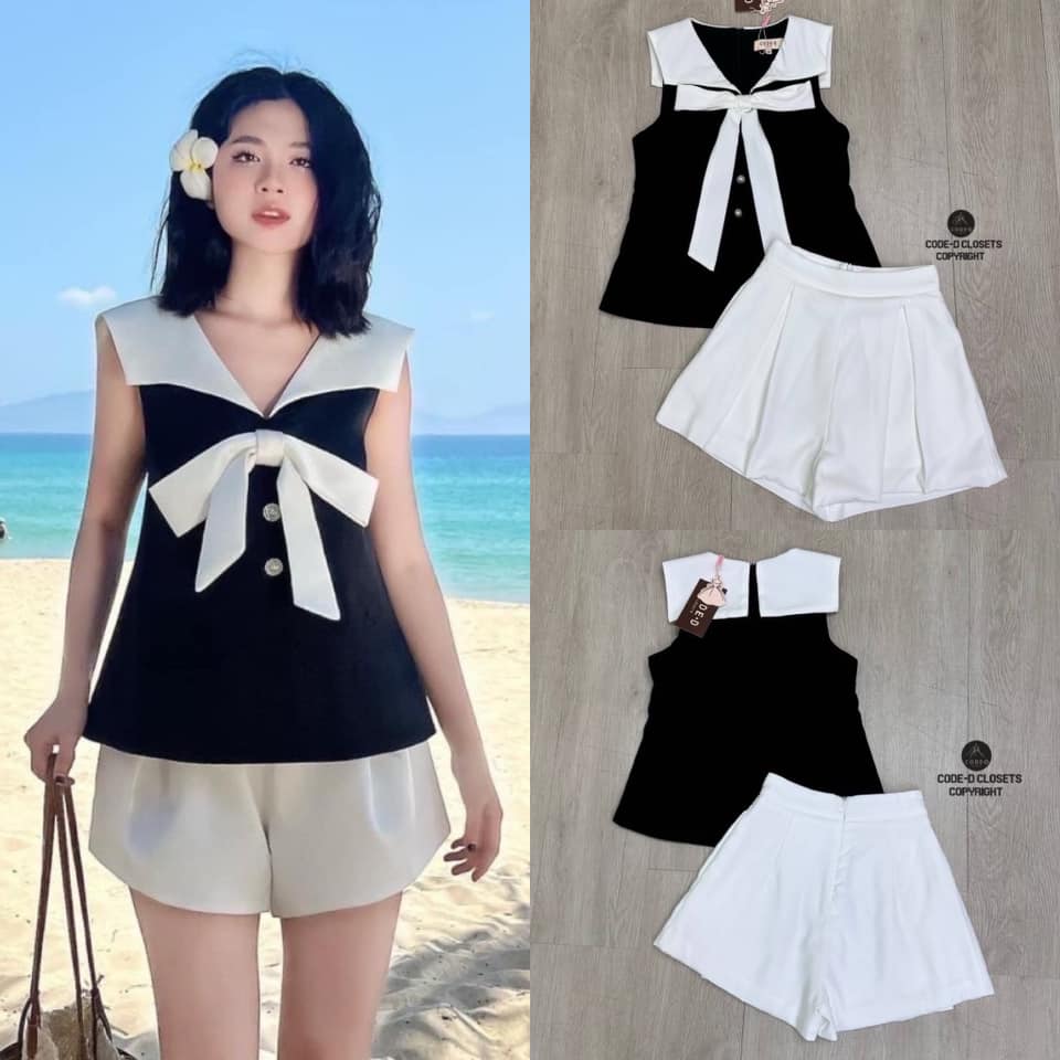 Set 2 ชิ้น เสื้อทรงพอดีตัวดีไซน์คอ ปกใหญ่ทรงทหารเรือแขนกุด +กางเกงขาสั้นทรง บาร์บี้ ใส่สบาย สินค้าคุณภาพ (พร้อมส่ง)