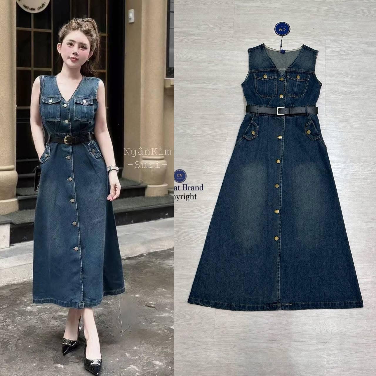 เดรสยาวผ้ายีนส์ดีไซน์แขนกุด มีกระดุมหน้าเรียงยาว ตรงอกแต่งกระเป๋า2ข้าง และตรงสะโพกมีกระเป๋าหน้าล้วงได้เก๋ๆ และยังมีเข็มขัดหนังสีดำ ใส่สบาย : สินค้าคุณภาพ (พร้อมส่ง)