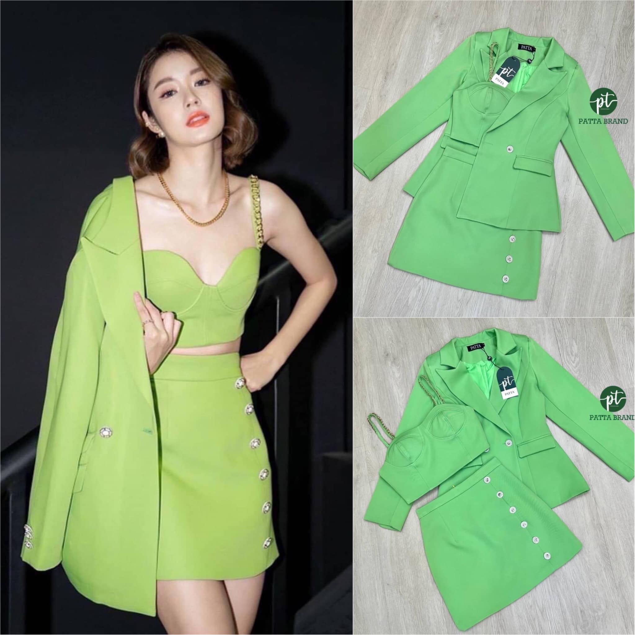 setสูท3ชิ้น เสื้อคลุมสูทแขนยาว คอปกไหล่เย็บเสริมฟองน้ำ มีเสื้อครอปตัวสั้นสายเดี่ยวเย็บแต่งอะไหล่ โซ่ทองอกเย็บเสริมฟองน้ำให้ดูทรงสวยมีซิปหลัง มาพร้อมกีบกระโปรงแต่งอะไหล่เพชรดูหรูหรา สินค้าคุณภาพ (พร้อมส่ง)