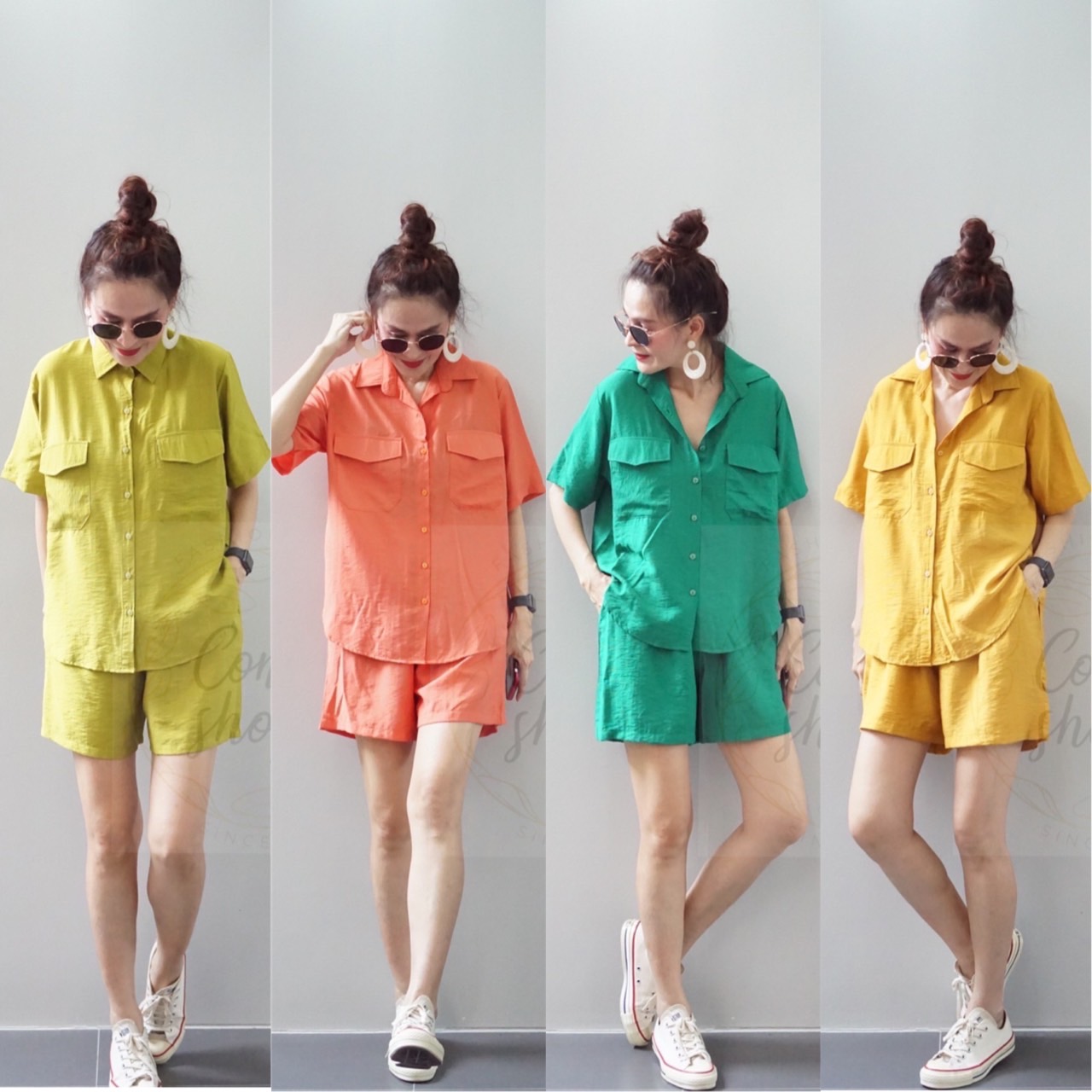 ชุดเซต 2 ชิ้น!!! เสื้อเชิ้ตแขนสั้น แต่งกระเป๋าหน้า ผ้าไหมอิตาลี่ เนื้อนิ่ม มาคู่กับกางขาสั้น เอวยางยืด งานเจาะกระเป๋าข้าง ใส่สบาย : สินค้าคุณภาพ (พร้อมส่ง)