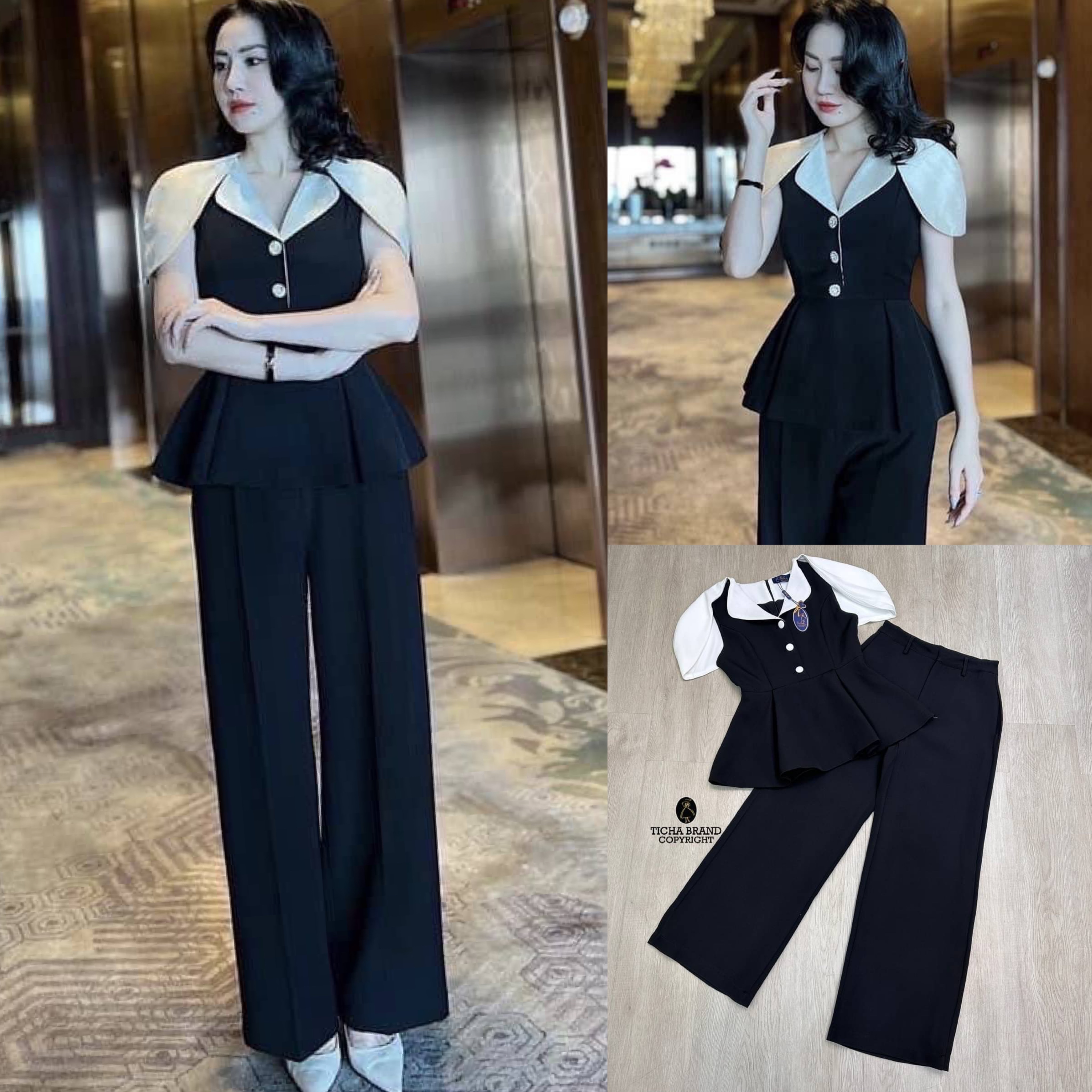 Set 2 ชิ้น สีดำ เสื้อแขนกุด ดีไซน์เย็บปกไหล่สีขาวและปกคออด้านหน้า งานซิปหลัง +กางเกงขายาวทรงกระบอก ทรงสวยเข้ารูป แพทเทิร์นเป๊ะ สินค้าคุณภาพ (พร้อมส่ง)