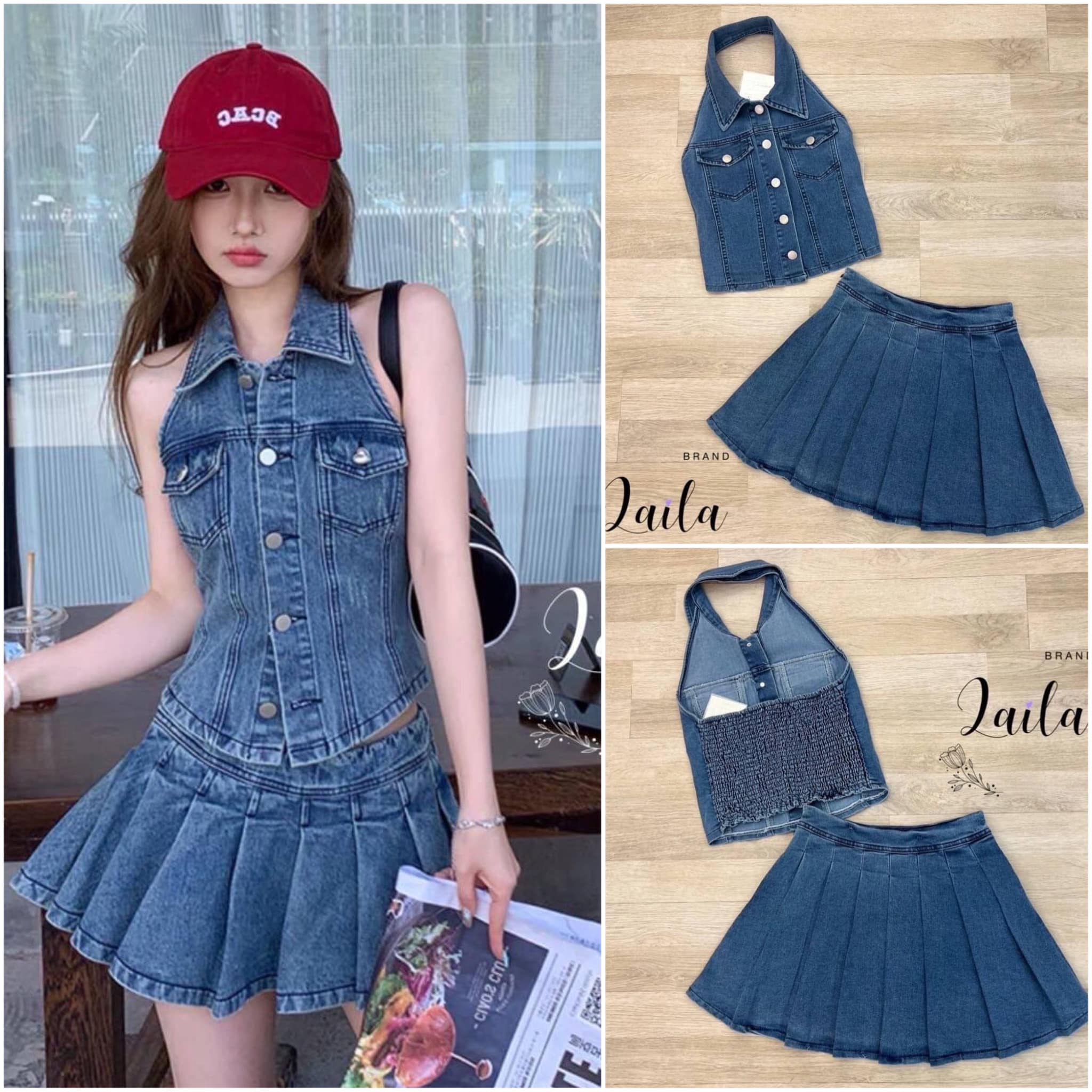 SETเยีนส์ทรงน่ารัก เสื้อทรงคอปกเเขนเว้าแต่ง กระดุมหน้า แต่งสม็อคหลัง มาพร้อม กระโปรบจีบรอบตัว งานผ้ายีนสนำเข้า ทรงสวย สินค้าคุณภาพ (พร้อมส่ง)