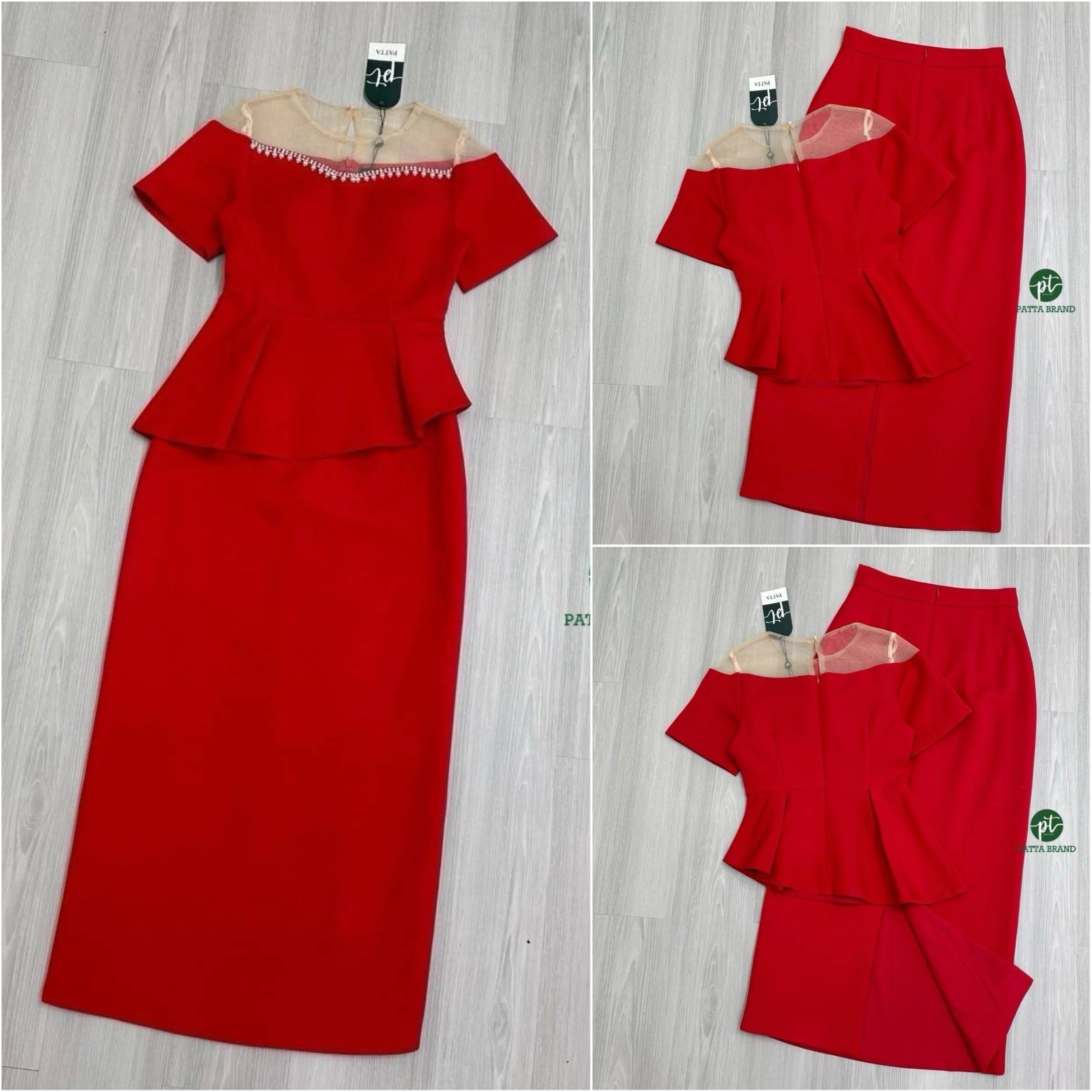 Set 2 ชิ้น สีแดงเสื้อแขนสั้นอกชีทรู ผ้ามุ้งดีเทลแต่งกุ๊นมุกเด่นสวยชายเสื้อแต่งระบาย เฉียงข้างดีไซน์สวย(อกเสริมฟองน้ำ มีซิปหลัง) มาคู่กับกระโปรงยาวทรงตรงทรงสอบดีไซน์ผ่าหลัง ใส่สบาย : สินค้าคุณภาพ (พร้อมส่ง)