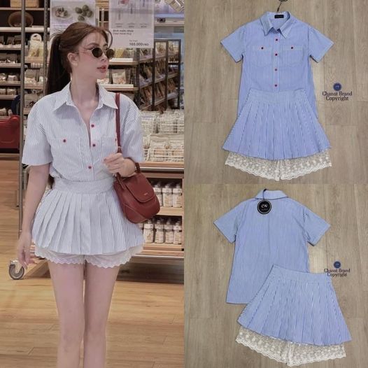 Set 2 ชิ้น เนื้อผ้าลายริ้วเล็กสีฟ้าขาว ตัวเสื้อเชิ๊ตคอปกแขนสั้น มีกระเป๋าเล็กๆที่อก +กระโปรงเทนนิสสั้น : สินค้าคุณภาพ (พร้อมส่ง)