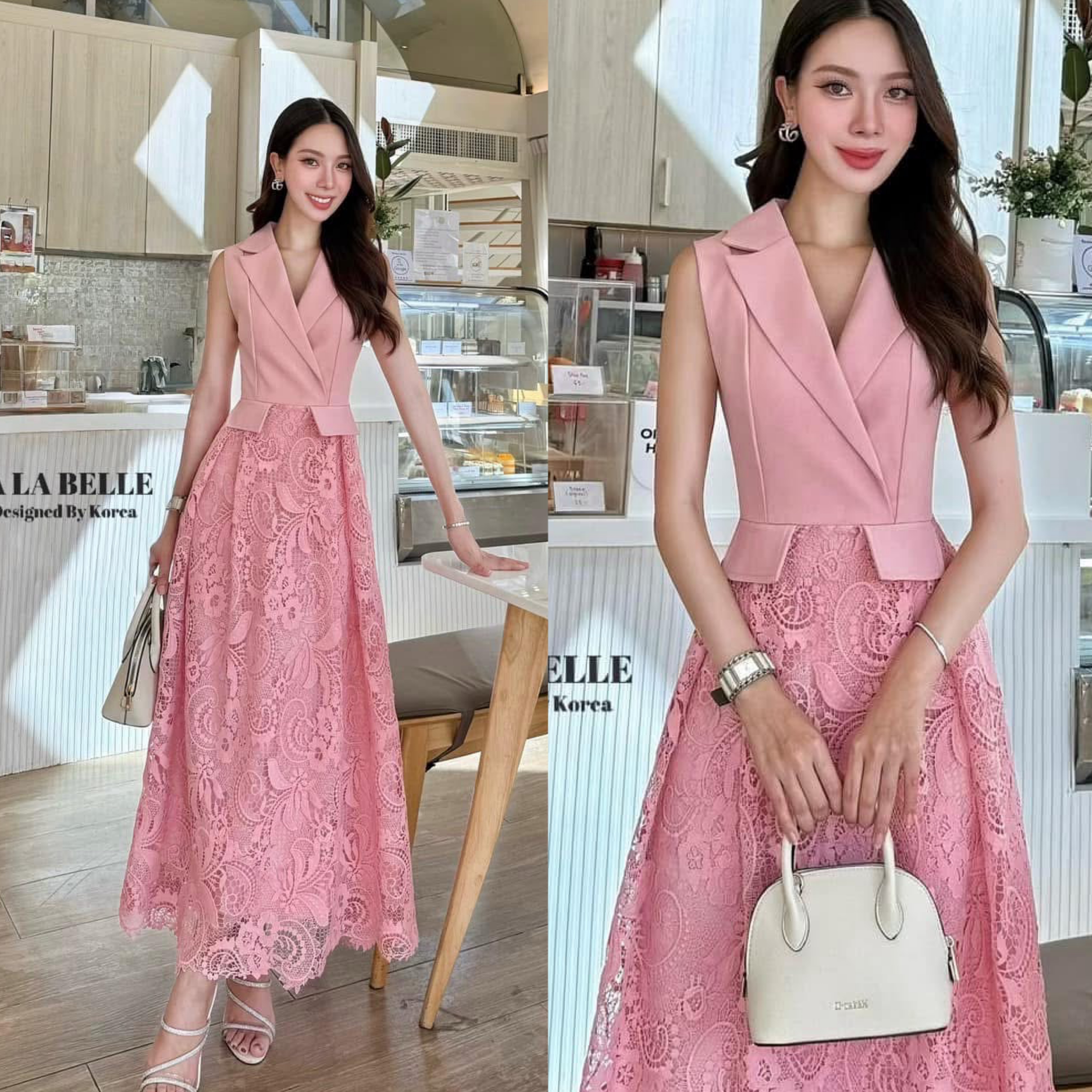 เดรสเจ้าหญิงสวยหรูดูแพงทรงช่วงเสื้อเป็นทรงสูทคอปกแขนกุดติดกระดุมแป๊กใส่ด้านในซิปหลังเอวเข้ารูปกระโปรงลูกไม้เนื้อดียาวจับจีบหน้ามีซับใน ใส่สบาย : สินค้าคุณภาพ (พร้อมส่ง)