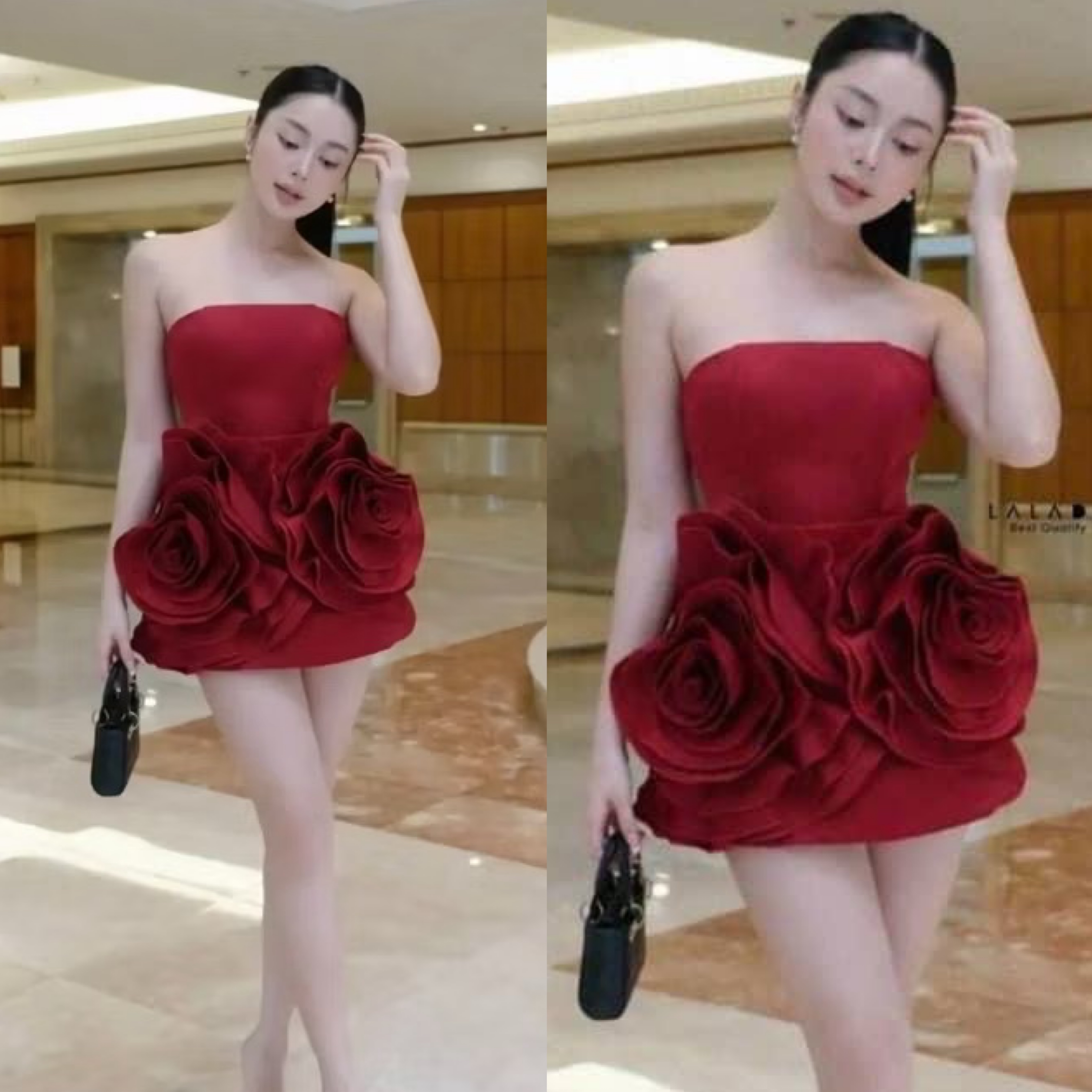 เดรส เกาะอกสีแดงสวยหรู ปักดอกไม้อย่างดี อกเสริมฟองน้ำ งานซิปหลัง ใส่สบาย : สินค้าคุณภาพ (พร้อมส่ง)
