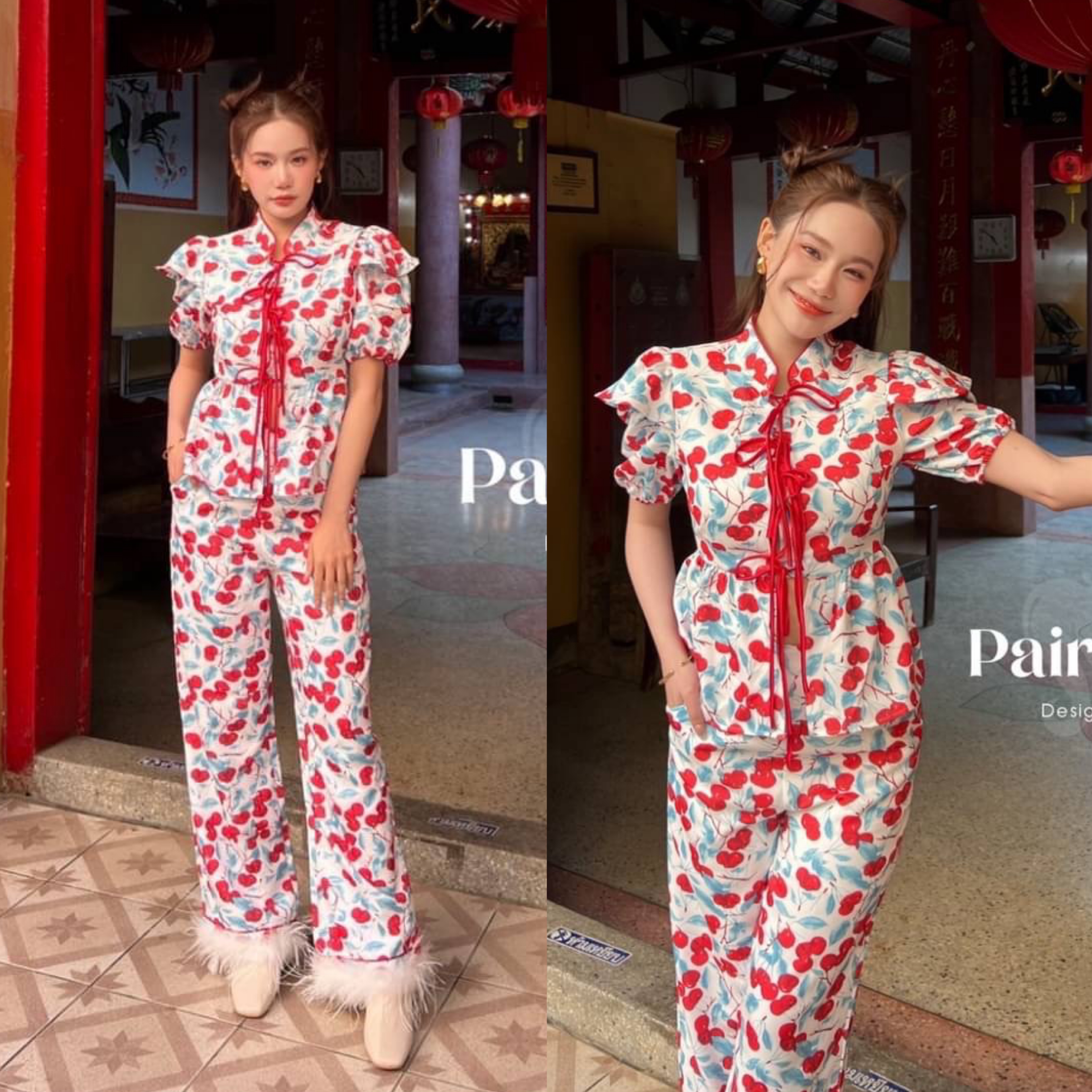 set เสื้อแขนจั้มแต่งปีกปกตั้งเชือกผูกโบว์หน้าคอจีน แมตกางขา9 ส่วนแต่งขนนกที่ปลายขาสีขาว พิมพ์ลายเชอรี่ ใส่สบาย : สินค้าคุณภาพ (พร้อมส่ง)