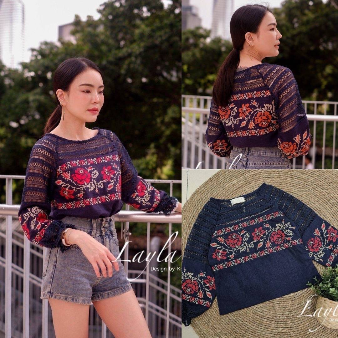 เสื้อลินิลปักลายดอกกุหลาบสวยๆ ช่วงไหล่และแขนเป็นลูกไม้ถักโครเซ งานมีซิปด้านข้าง ใส่สบาย : สินค้าคุณภาพ (พร้อมส่ง)