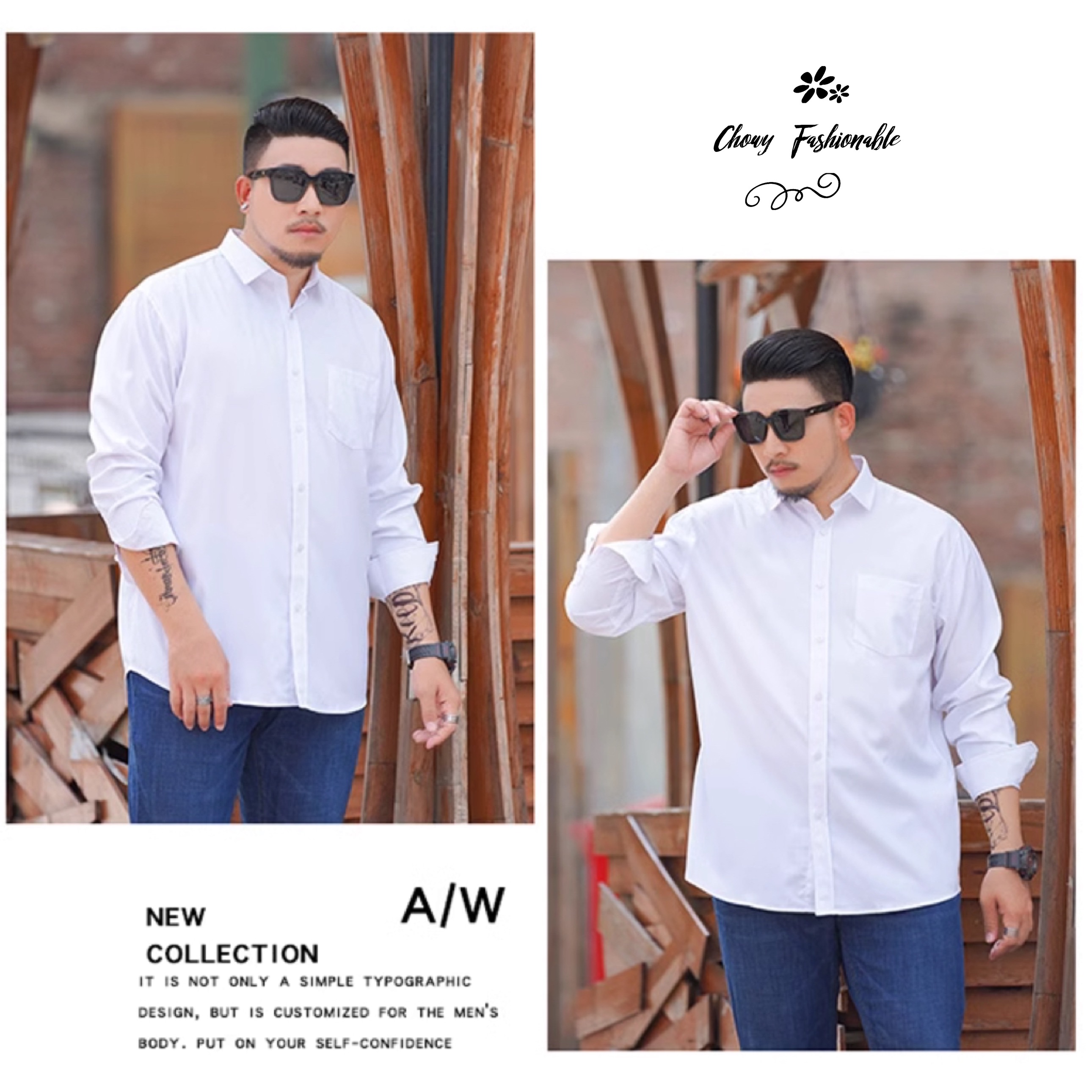 เสื้อเชิ๊ตผู้ชายไซส์ใหญ่ 3XL-11XL รอบอกเสื้อ 44-60 นิ้ว แขนยาว สีขาว ดำ น้ำเงิน FF0341