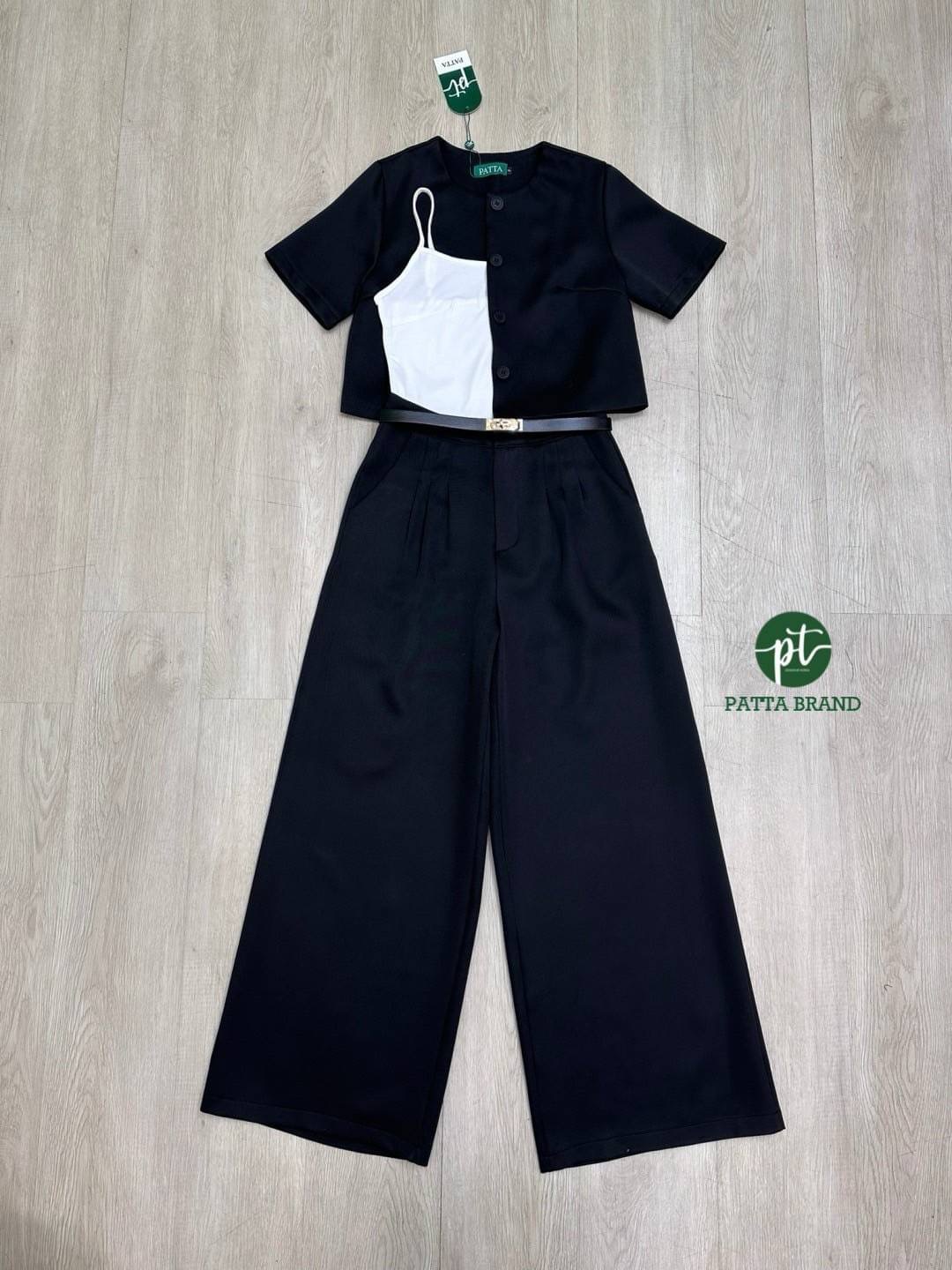 Set 3 ชิ้น ครอปสายเดี่ยวสีขาว+เสื้อคลุมตัว นอกสีดำแขนสั้นคอกลมทรงพอดีตัว+กางเกงขายาวทรงกระบอกใหญ่สีดำ +เข็มขัด ใส่สบาย : สินค้าคุณภาพ (พร้อมส่ง)