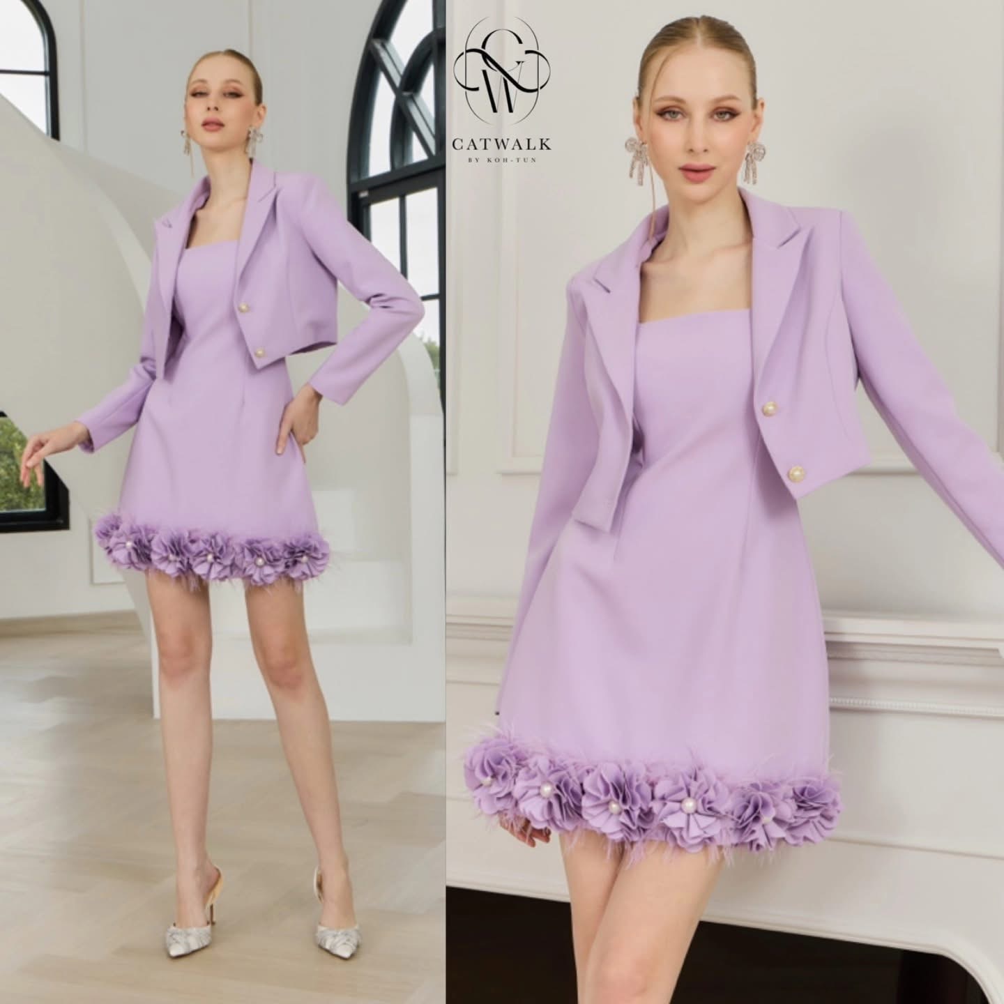 เซตเสื้อครอปสูท+เดรสสายเดี่ยวแต่งดอกไม้แซมด่วยขนนก เนื้อผ้าเกรดเอ ใส่สบาย : สินค้าคุณภาพ (พร้อมส่ง)