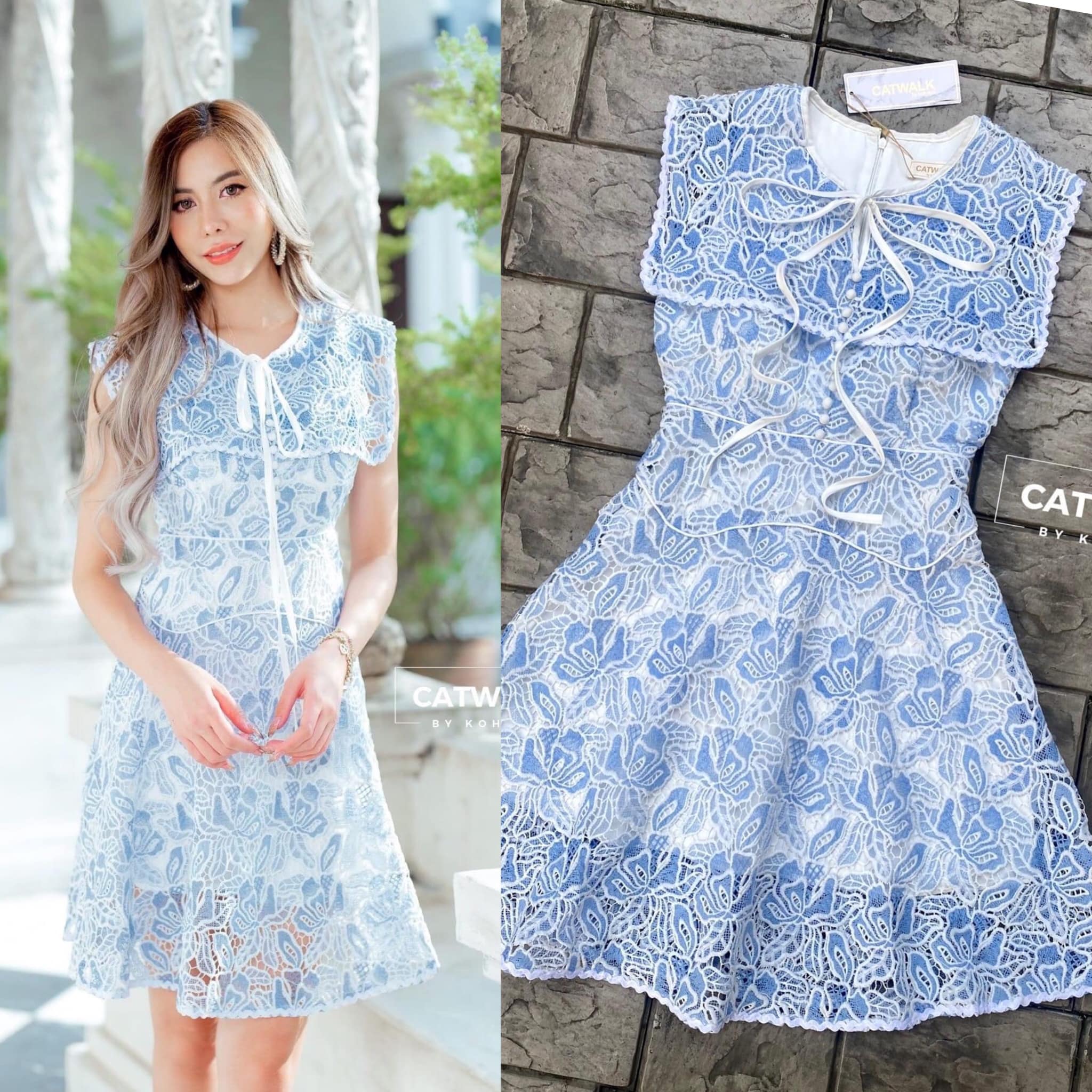 เดรสลูกไม้ ผ้าลูกไม้เนื้อนิ่มใส่สบาย ลายทอสวย ตัวชุด ช่วงบนเป็นทรงเข้ารูป กระโปรงเป็นทรงเอ หน้าอกแต่งกระดุมปั้มเรียงเม็ด มีสายโบว์ ที่คอชุดน่ารักมาก สินค้าคุณภาพ (พร้อมส่ง)