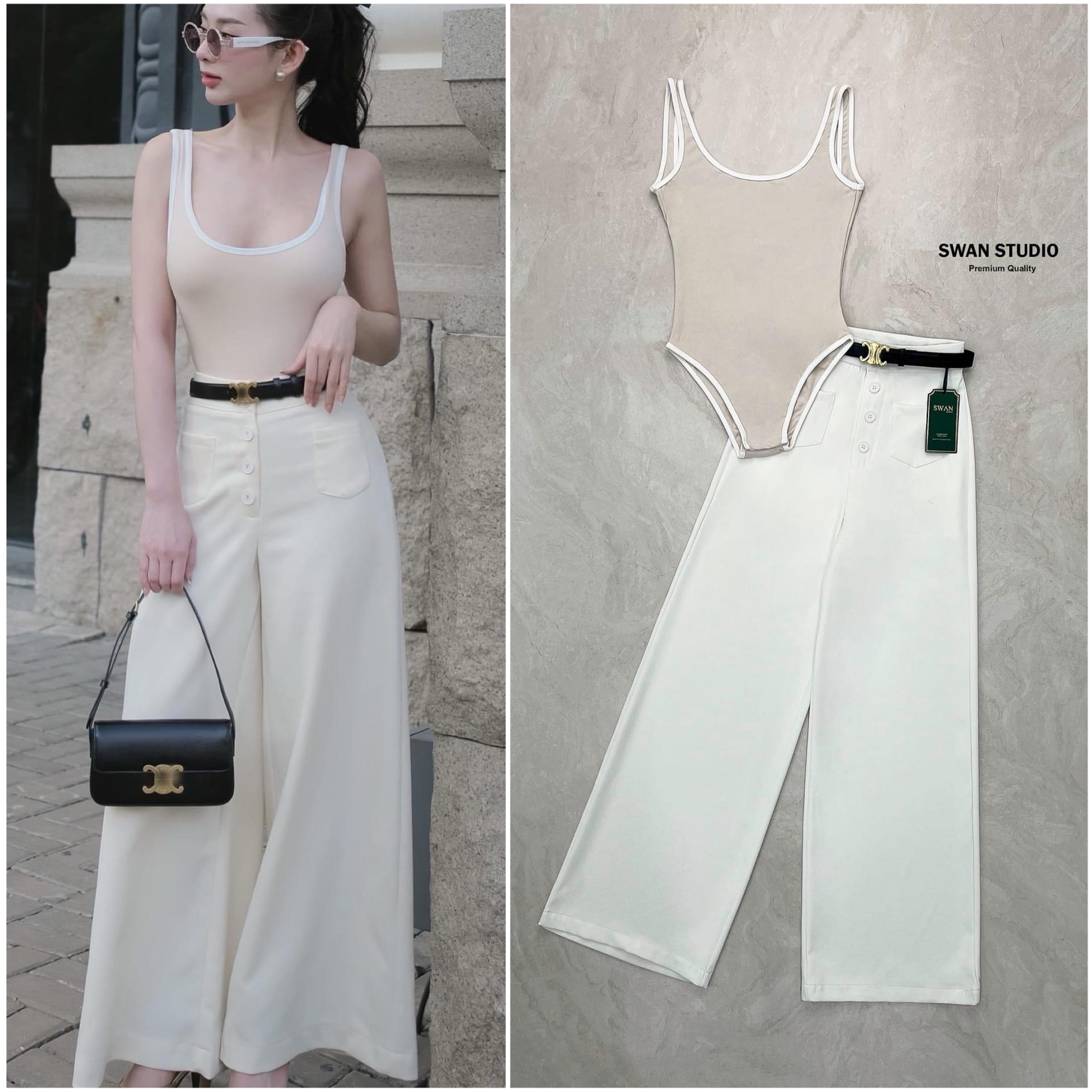 เซทเสื้อกล้ามบอดี้สูทสีนู้ดตัดขอบ สีขาว มากับกางเกงขายาว ผ้าดีมีน้ำหนัก มีเข็มขัดรัดเอวอย่างดี ใส่สบาย สินค้าคุณภาพ (พร้อมส่ง)