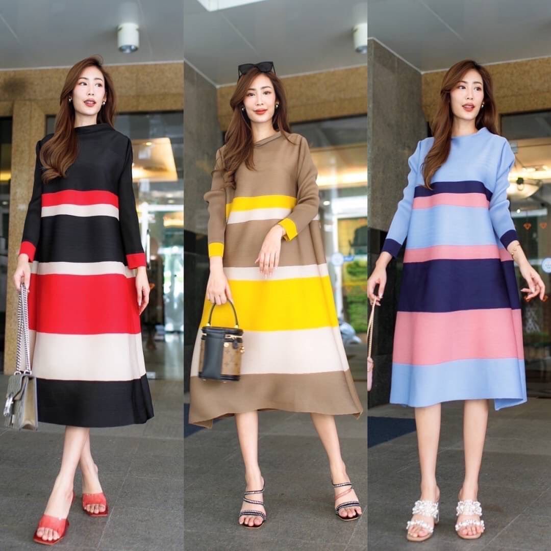 ชุดเดรส คอกลม แขนยาว แพตเทิร์นเฉลียงโค้งข้าง เรียบหรู ไฮโซววววว 👑 สินค้าคุณภาพ (พร้อมส่ง)