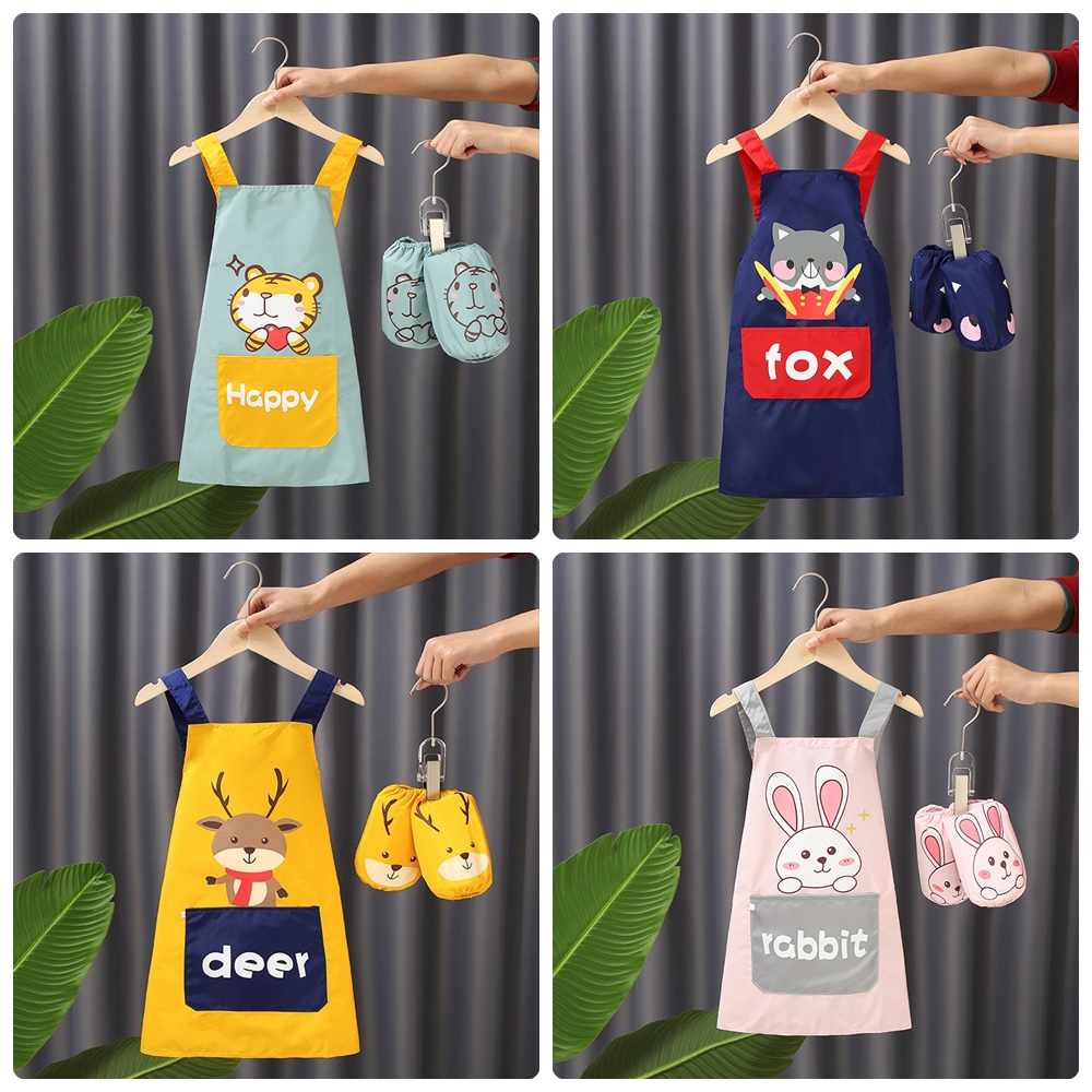 Set ผ้ากันเปื้อนทำอาหารเด็ก +ปลอกแขน NanaBaby ผ้า Oxford กันน้ำ การ์ตูนน่ารัก สำหรับเด็กวัย 2-10 ปี