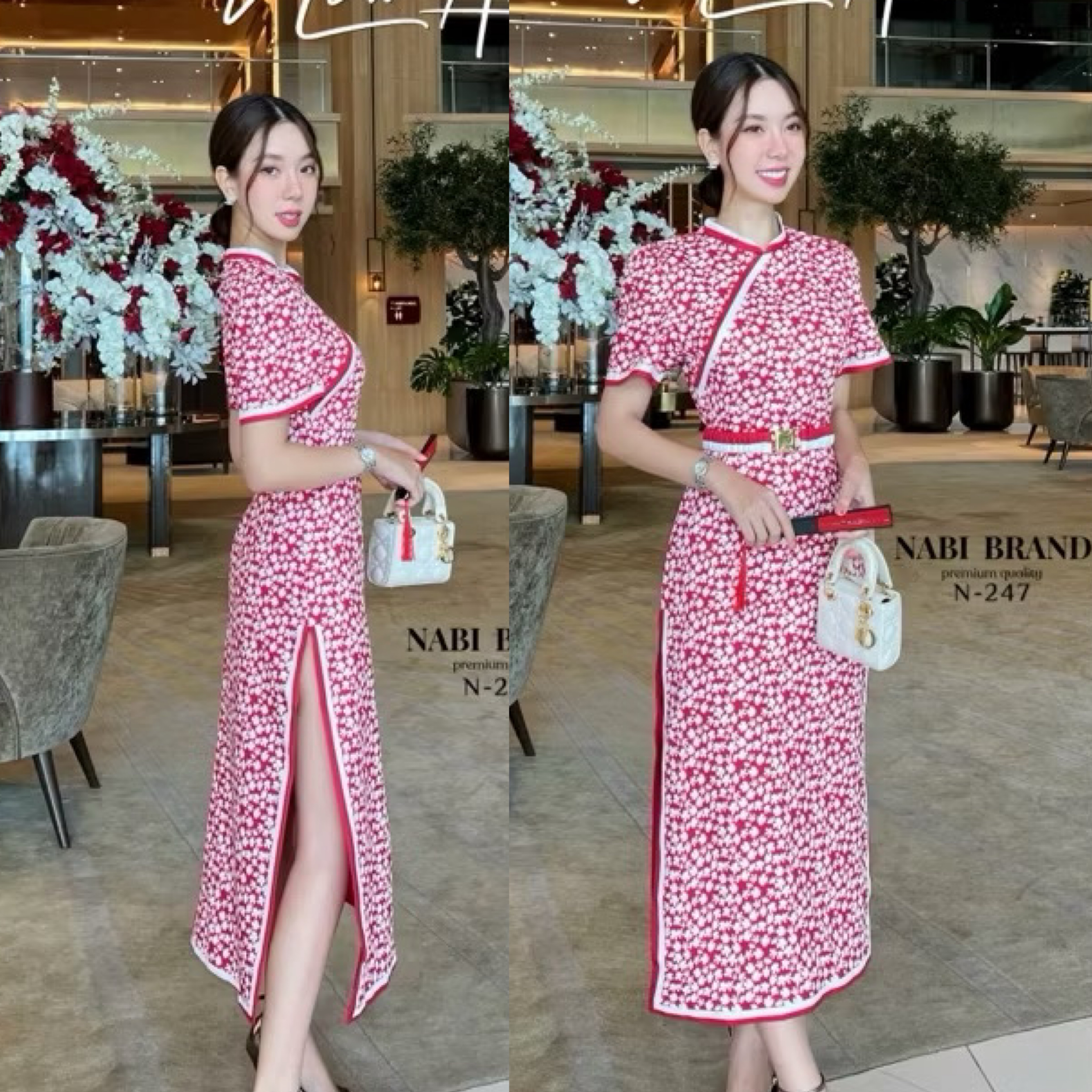 เดรสยาวคอจีน ลายขาวแดง และกุ้น ขอบขาวแดง รอบชุด สวยสุดๆ งานผ่าข้างซ้ายขวา โชว์ขาได้แบบแซ่บๆ ซิบหลัง ใส่สบาย : สินค้าคุณภาพ (พร้อมส่ง)