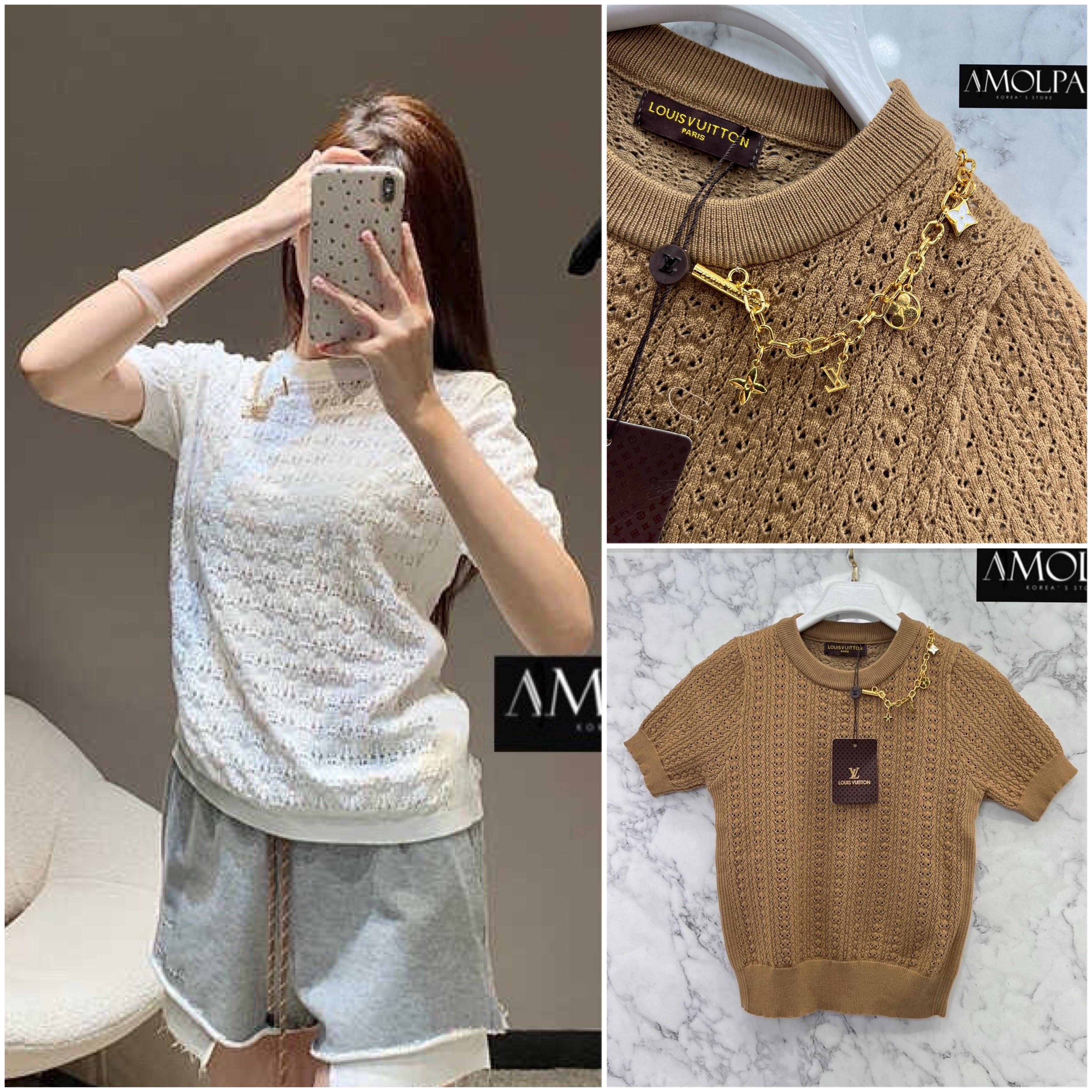 เสื้อไหมพรมแขนสั้น LV KNIT อะไหล่สร้อยฮาร์ดแวร์สีทอง เนื้อผ้าดีม๊าก ผ้าใส่สบายมาก ห้ามพลาด ใส่สบาย : สินค้าคุณภาพ (พร้อมส่ง)