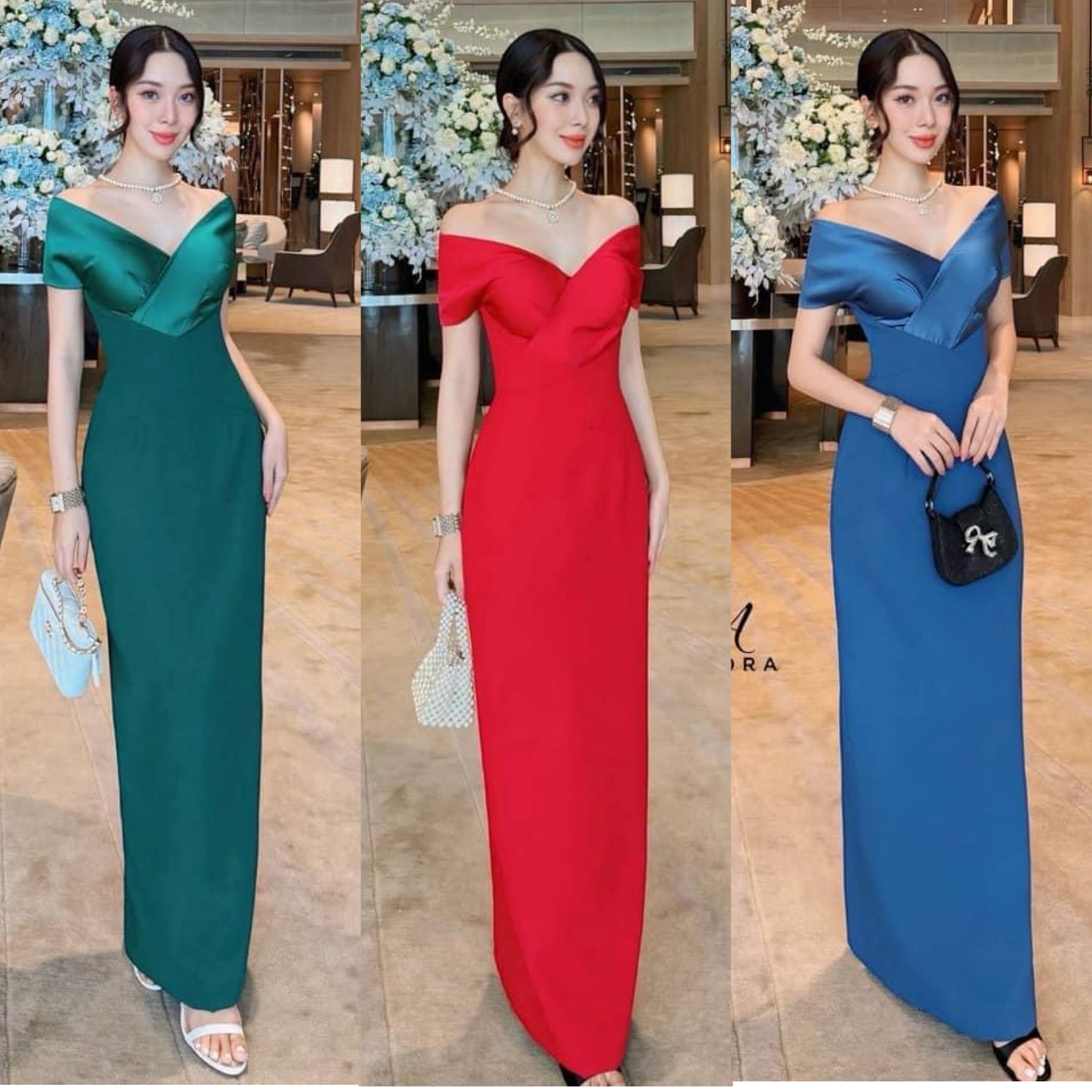 เดรสดีไซน์ปาดไหล่คอวี ช่วงอกตัดต่อ ผ้าดีไซน์ไขว้อก เสริมฟองน้ำ ตัวเดรสใช้เนื้อผ้าเกรด พรีเมี่ยมทั้งตัว ดีไซน์กระโปรงทรงสอบยาว ผ่าหลัง ใส่สบาย : สินค้าคุณภาพ (พร้อมส่ง)