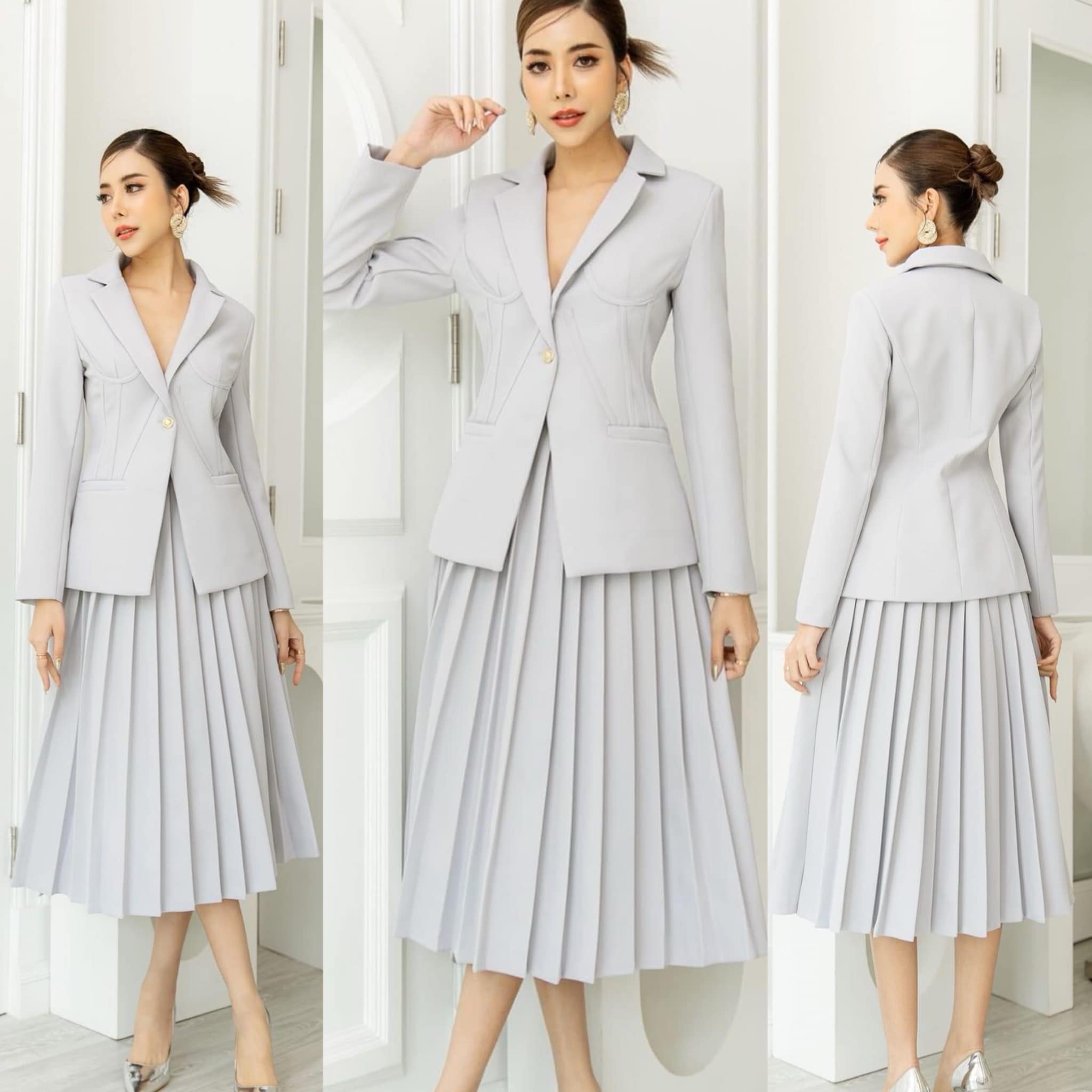 เซตBLAZER +กระโปรงจับจีบรอบ เนื้อผ้าเกรดเอ ตัวBLAZERเป็นทรง ข้ารูป มีกระเป๋า 2 ข้างใช้งาน ได้จริง มาคู่กับกระโปรงจีบจีบรอบตัว ใส่สบาย สินค้าคุณภาพ (พร้อมส่ง)