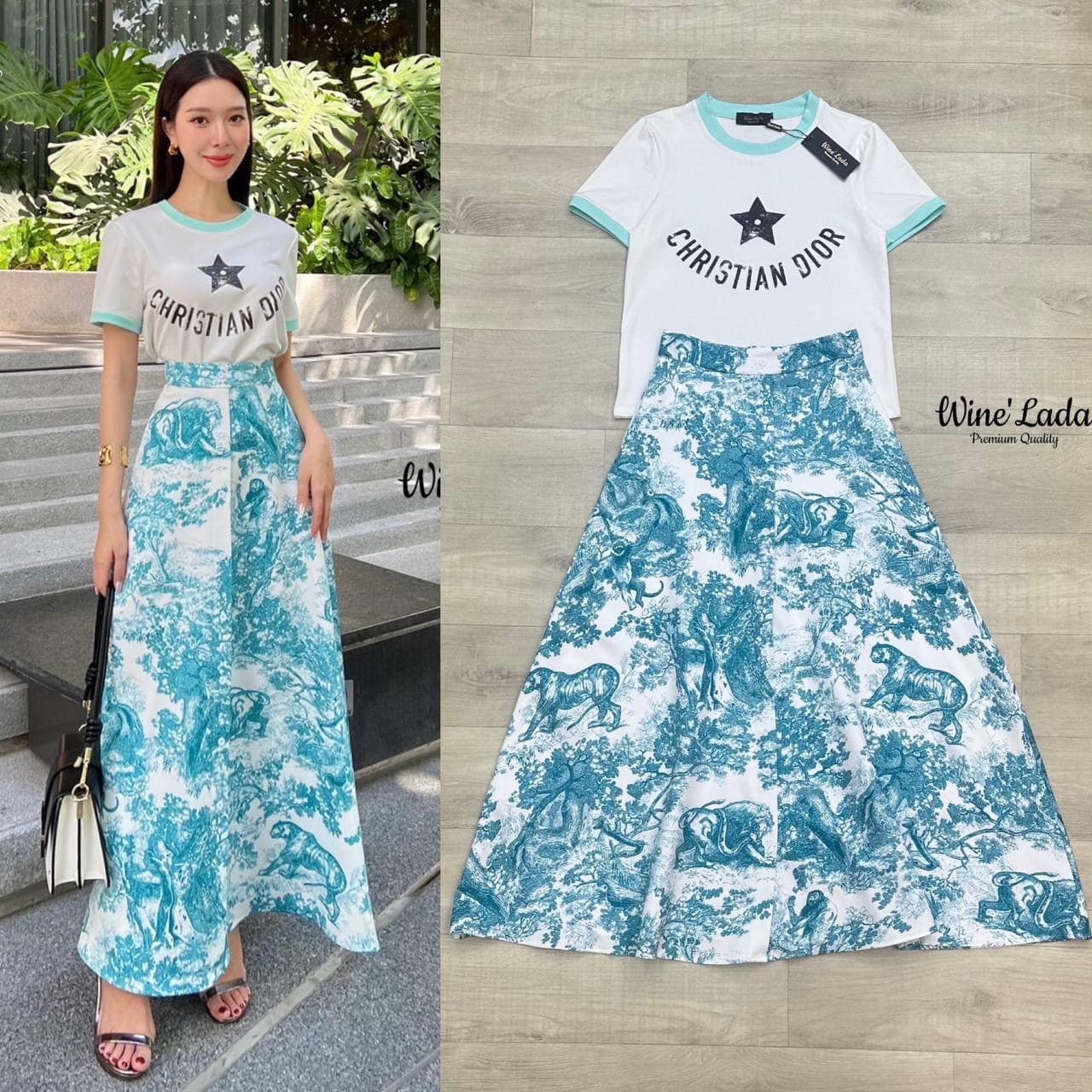 Set 2 Pcs.เซ็ทเสื้อยืดาีขาวกุ้นคอและแขนด้วยสีเขียว มาพร้อมกับกระโปรงพิมพ์ลายสีใหม่ทรงปล่อยๆ ใส่สบาย : สินค้าคุณภาพ (พร้อมส่ง)