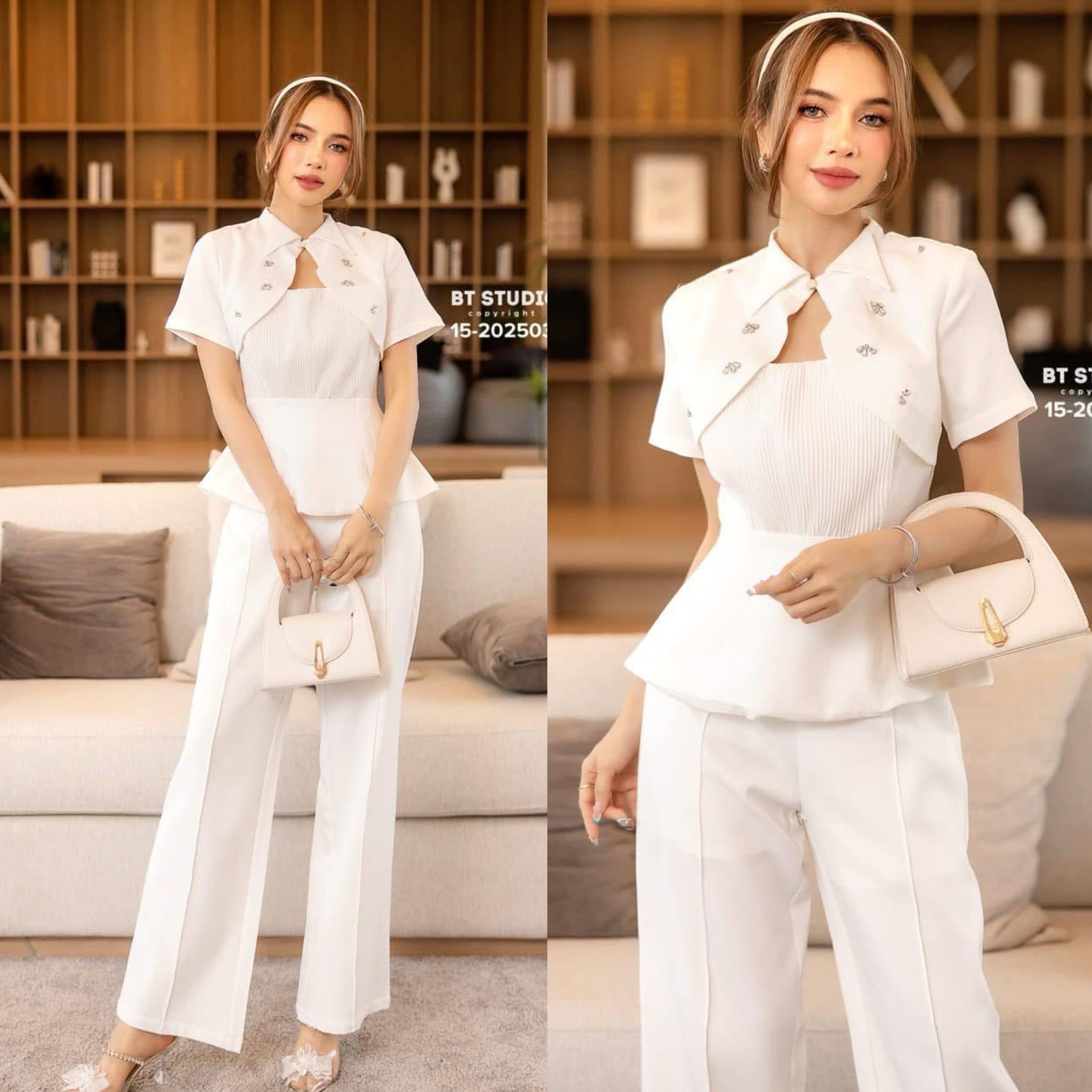 ชุดเซ็ท 2 ชิ้น เสื้อแขนสั้นดีเทลแต่งคอปกไล่มาตรงกลางติดเพชรกระจายเว้ากลางอก +กางเกงขายาว ใส่สบาย : สินค้าคุณภาพ (พร้อมส่ง) สำเนา