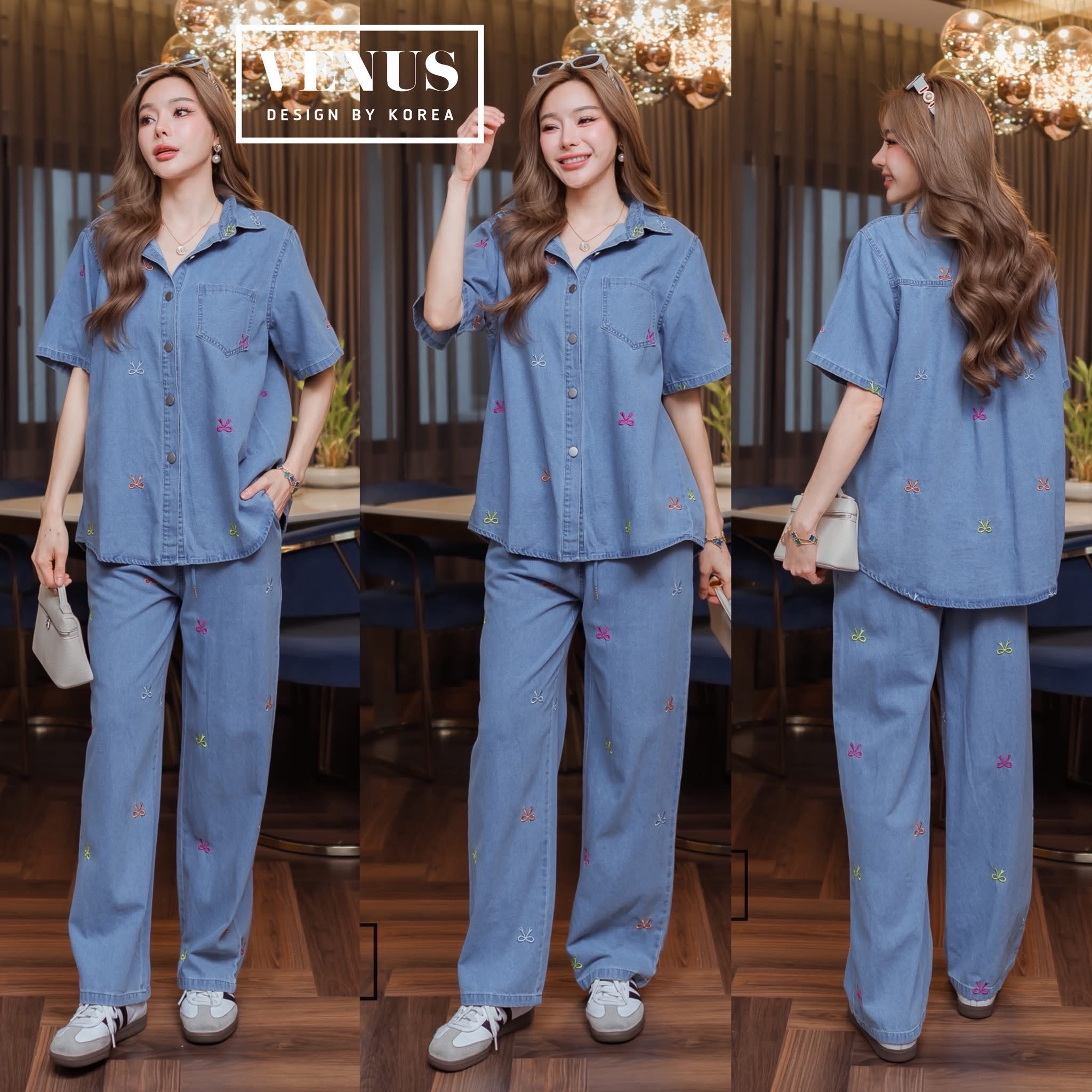 Ribbon Jeans Set ชุดเซตแต่งผ้ายีน ดีเทลปักโบว์ ใส่สบาย : สินค้าคุณภาพ (พร้อมส่ง)