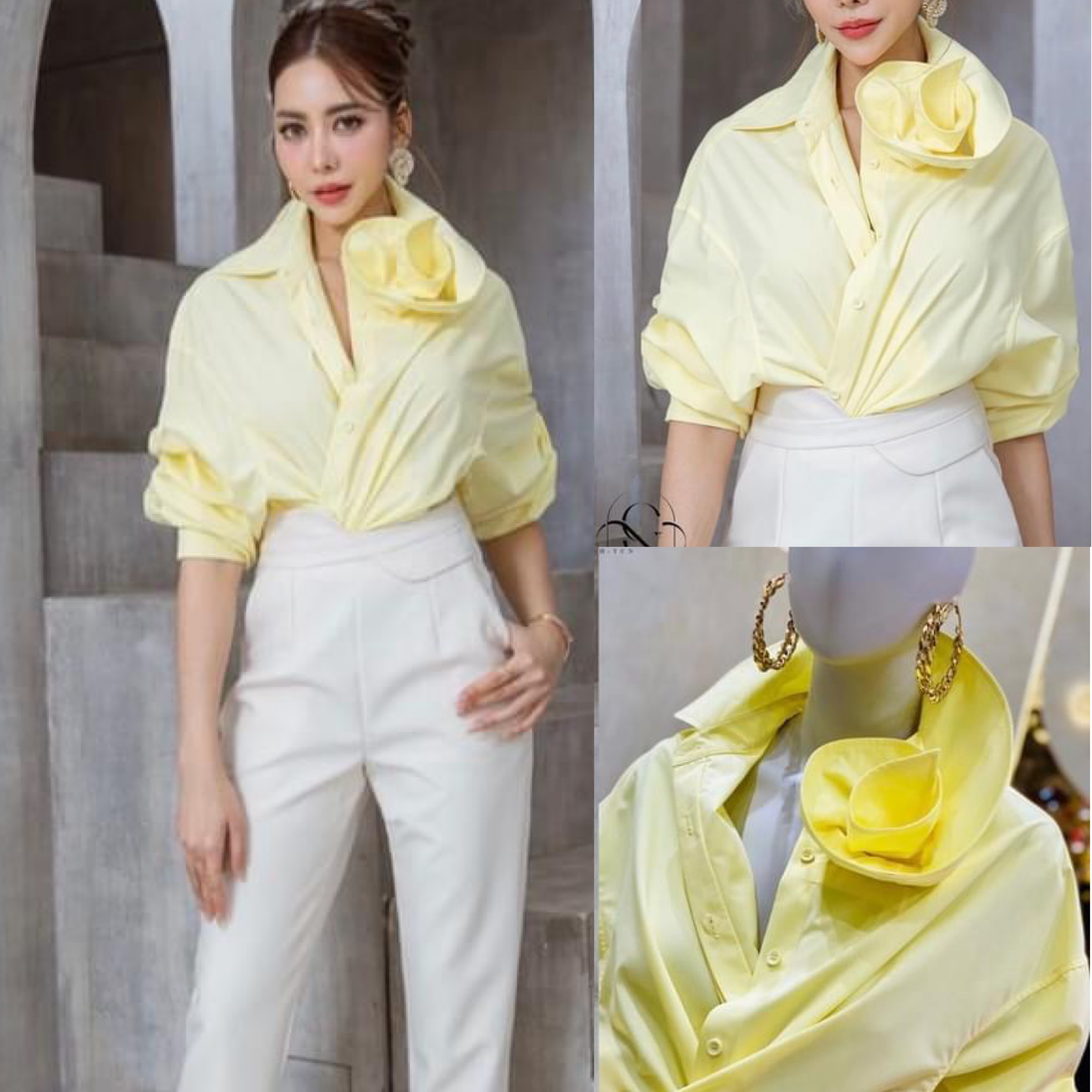 เสื้อเชิ้ตปกคอดอกไม้ ตัวเสื้อเป็นทรงปล่อยๆเท่ห์ๆ คอปกดีไซน์ให้เป็นดอกกุหลาบ ตะเข็บด้านในตัวเสื้อเย็บเก็บขอบอย่างละเอียด เนื้อผ้าเกรดเอ ใส่สบาย : สินค้าคุณภาพ (พร้อมส่ง)