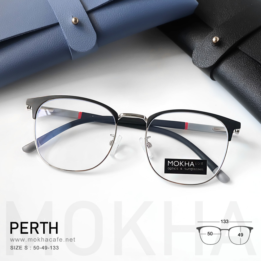 PERTH - black silver กรอบแว่นโลหะ กรอบทรงเหลี่ยม ขาสปริง clubmaster กว้าง 133 มม. (sizeS) H49