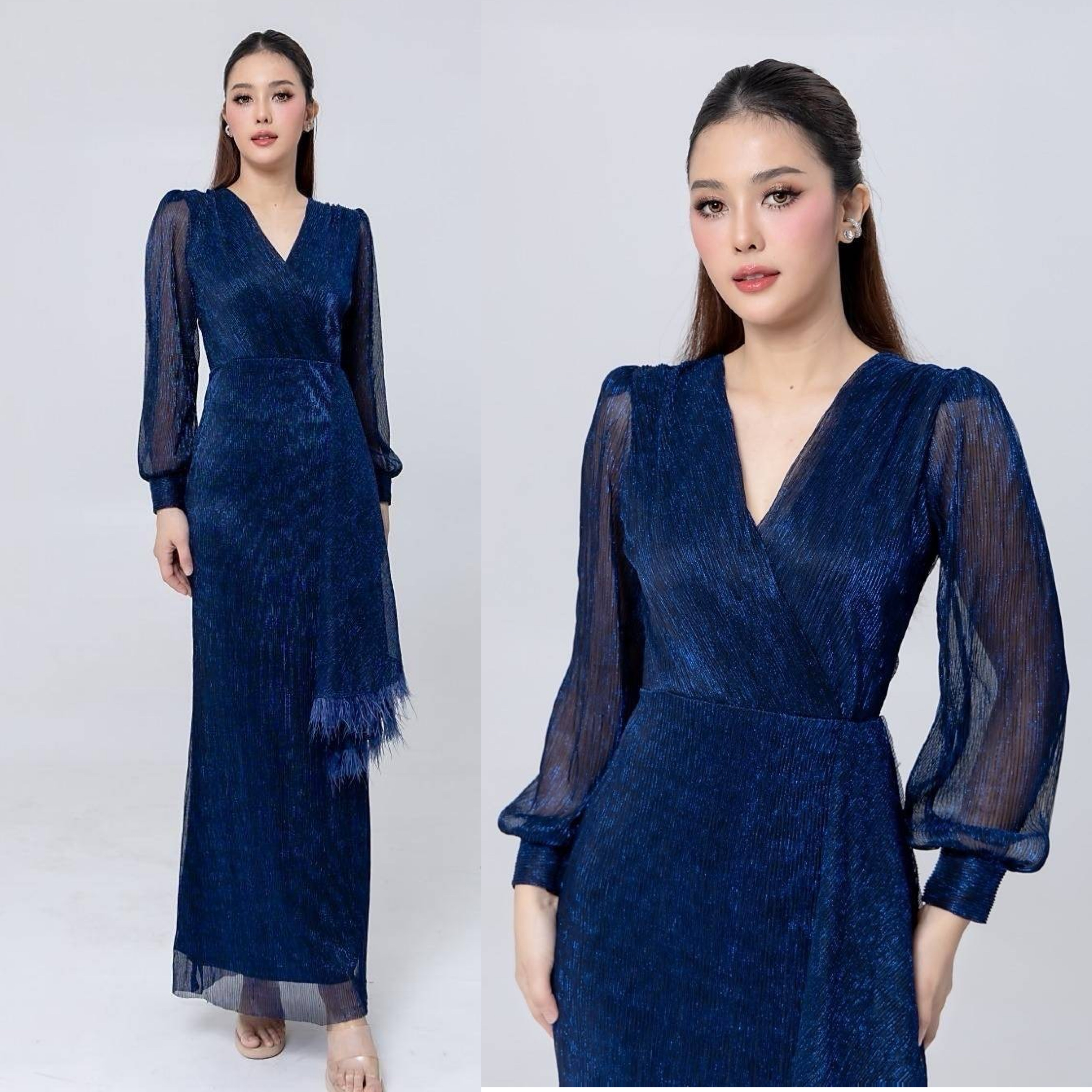 เดรสเสื้อคอวีป้ายแขนยาว กระโปรงยาวจับ เดรปข้างลำตัว ดีเทลแต่งชายระบายขนนก : สินค้าคุณภาพ (พร้อมส่ง)