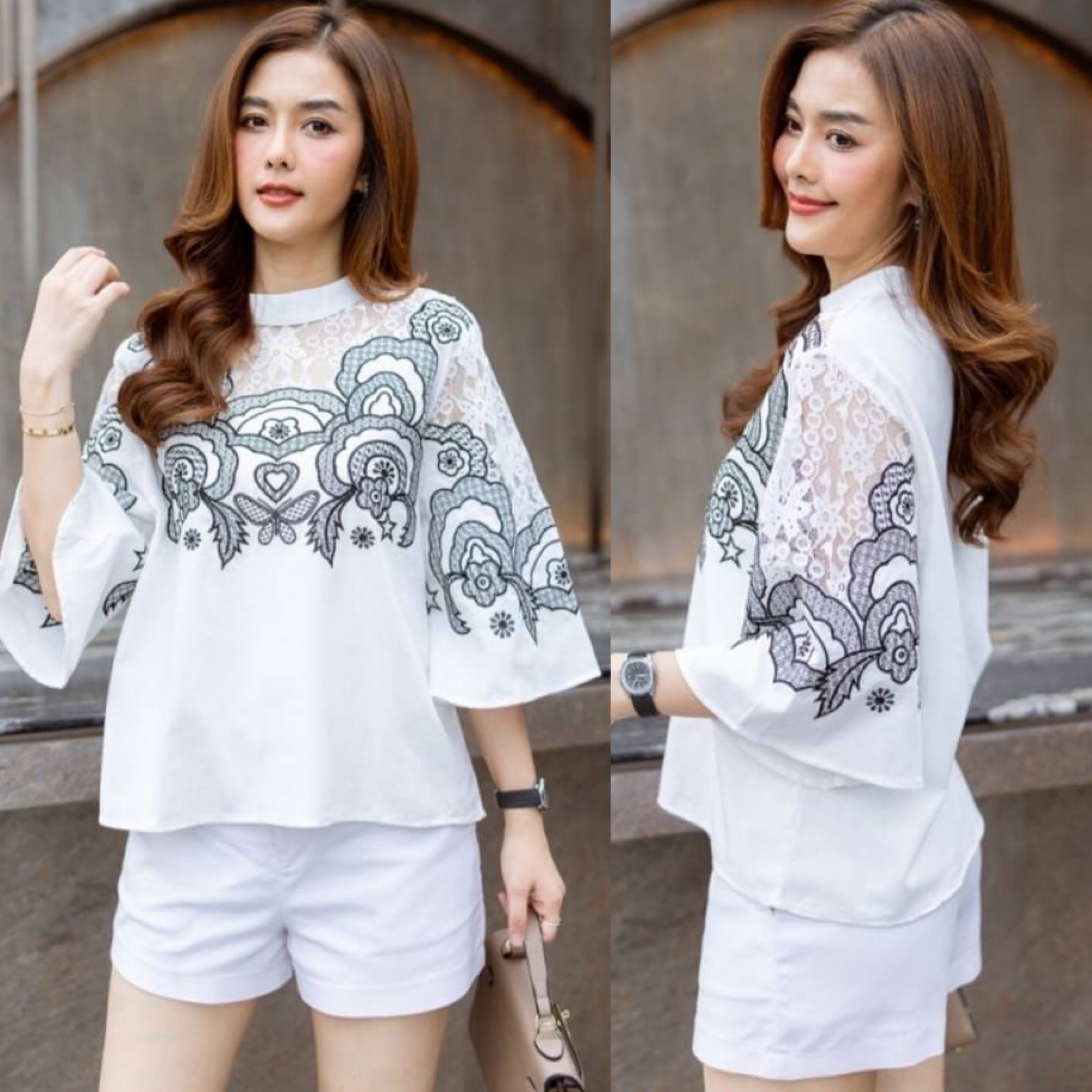 Cutie Minute เสื้อลินินผสมผ้าฝ้ายเกรดพรีเมี่ยม เนื้อผ้าขึ้นลายดีเทลงานแต่งด้วยผ้า ลูกไม้สวยงาม งานปักสวยงามอลังการ .ได้อย่างลงตัว ใส่สบาย : สินค้าคุณภาพ (พร้อมส่ง) .