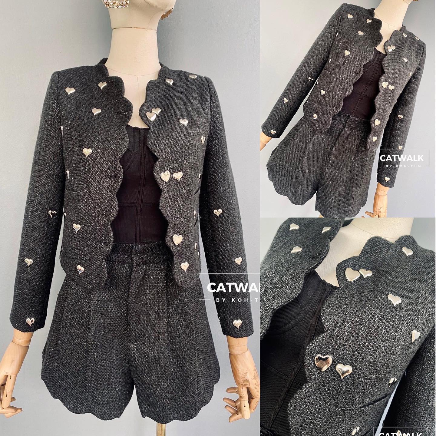 เซตเสื้อคลุมผ้าทวีตชาแนลแต่งหมุดรูปหัวใจ +กางเกงขาสั้นทรงสวย เนื้อผ้าทวีตเกรดเอ ตัวเสื้อ เป็นทรงกึ่งเข้ารูป ขอบเสื้อตัดเย็บเป็นทรงโค้งหยัก ทั้งตัวน่ารักมาก : สินค้าคุณภาพ (พร้อมส่ง)