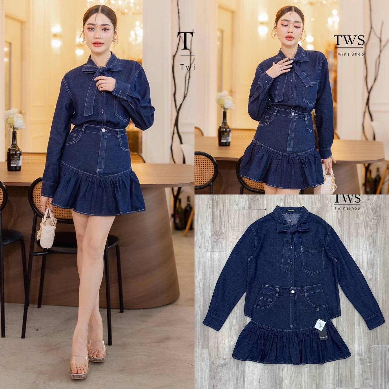 Setเสื้อ+กระโปรง เซทเสื้อยีนส์ผูกโบว์หน้าแขนยาวเนื้อผ้ายีนส์เข้มเนื้อผ้าไม่หนามาก มาคู่กับกระโปรงชายระบายทรงเอวสูงด้านในมีซับกางเกง ใส่สบาย : สินค้าคุณภาพ (พร้อมส่ง)