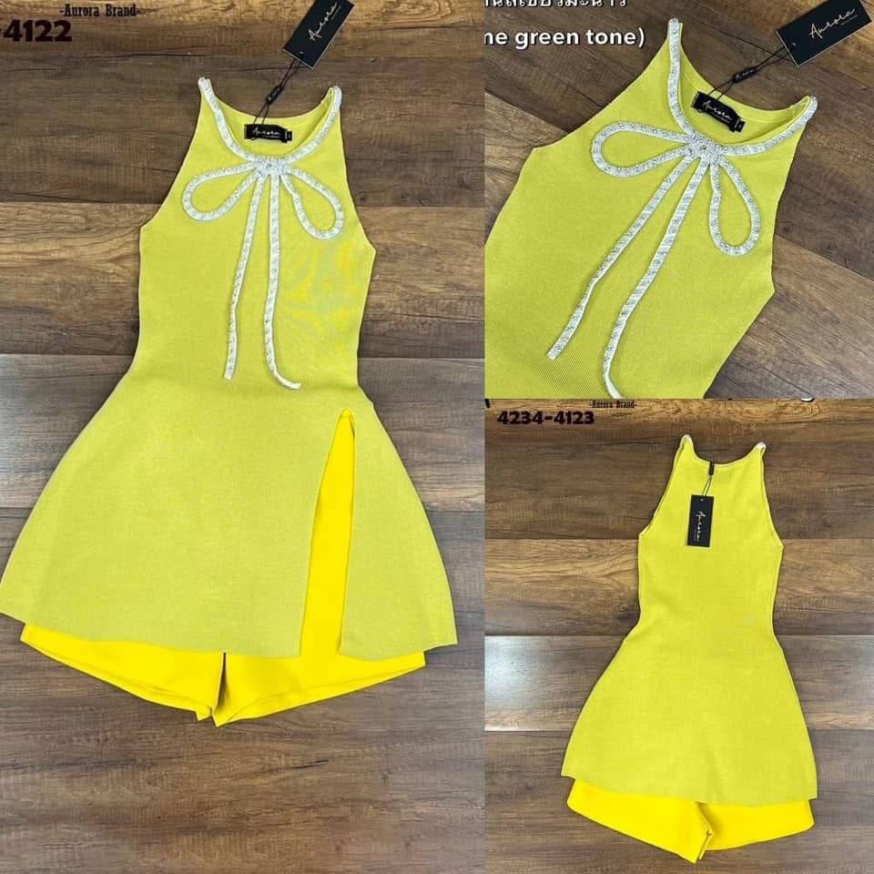 Set เสื้อนิตติ้งสีสันหวานสดใส แต่งอะไหล่สวยหรูฝุดๆ (เสื้อทรงสวม)+กางเกงขาสั้น ใส่สบาย : สินค้าคุณภาพ (พร้อมส่ง)