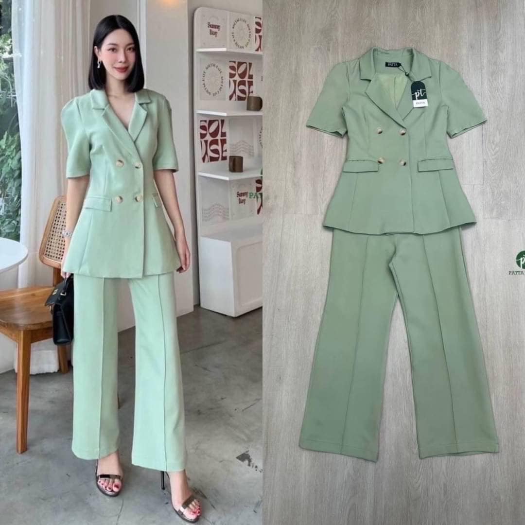 Set2ชิ้น เสื้อBlazer แขนสั้นคอปก ด้านหน้าแต่งกระดุมลายงาใช้งานได้จริงและมีกระเป๋า2ข้างล้วงได้ มาคู่กับกางเกงขายาว สินค้าคุณภาพ (พร้อมส่ง)