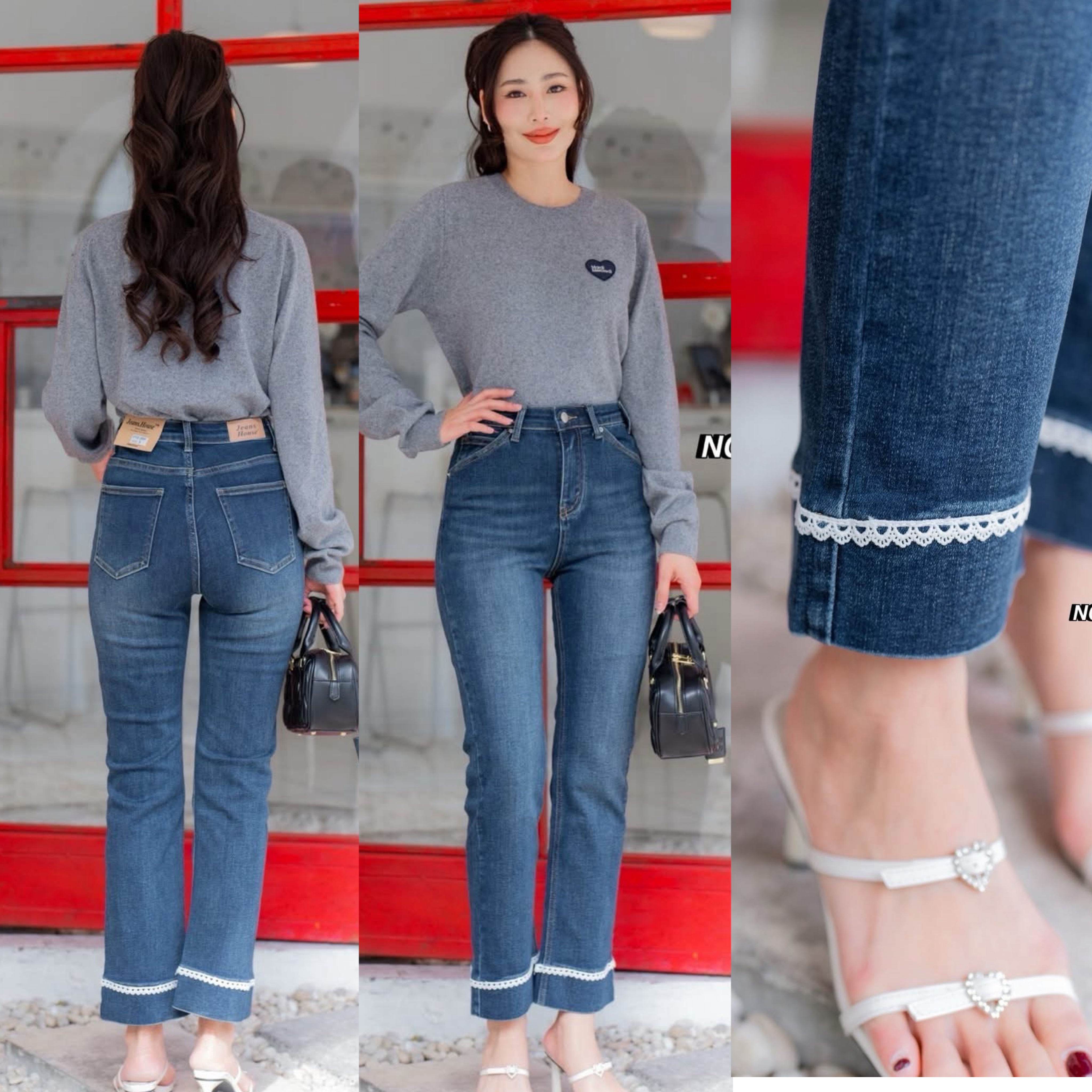 กางเกงยีนส์ขา8ส่วน ทรงขาตรง เอวสูงงง ผ้ายีนส์ยืดเนื้อดีมาก นิ่มสุดๆ ฟอกสีเข้มสวย ดีเทล ปลายขา แต่งลูกไม้สีขาว ใส่สบาย : สินค้าคุณภาพ (พร้อมส่ง)