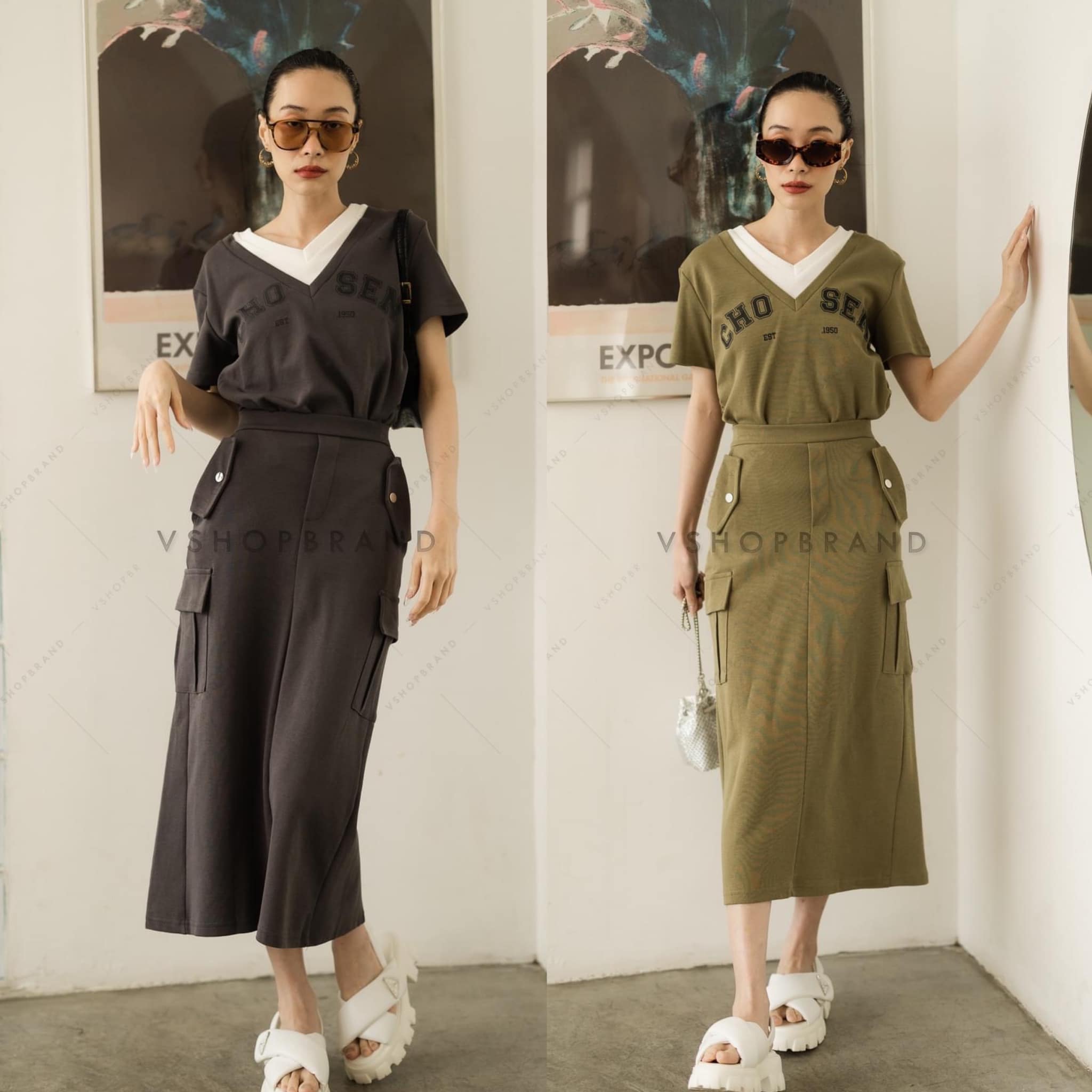 SET เสื้อคอวีแต่งขอบคอทูโทน + กระโปรงยาว สินค้าคุณภาพ (พร้อมส่ง)