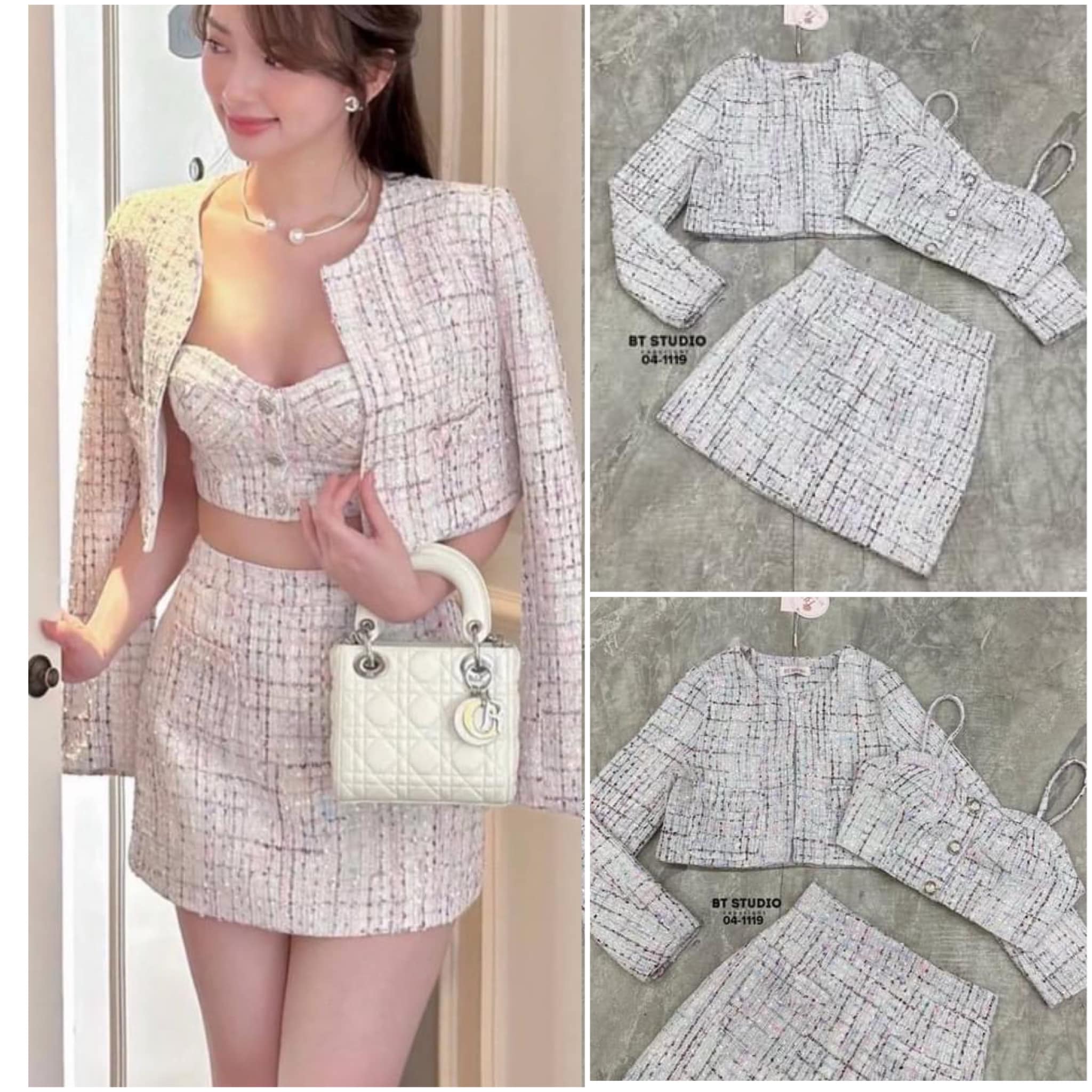 เซท 3 ชิ้น เสื้อครอปสายเดี่ยว+เสื้อคลุมเบเชอร์แขนยาว +กระโปรงสั้น ซิปหลัง ซับในตัว ใส่สบาย สินค้าคุณภาพ (พร้อมส่ง)