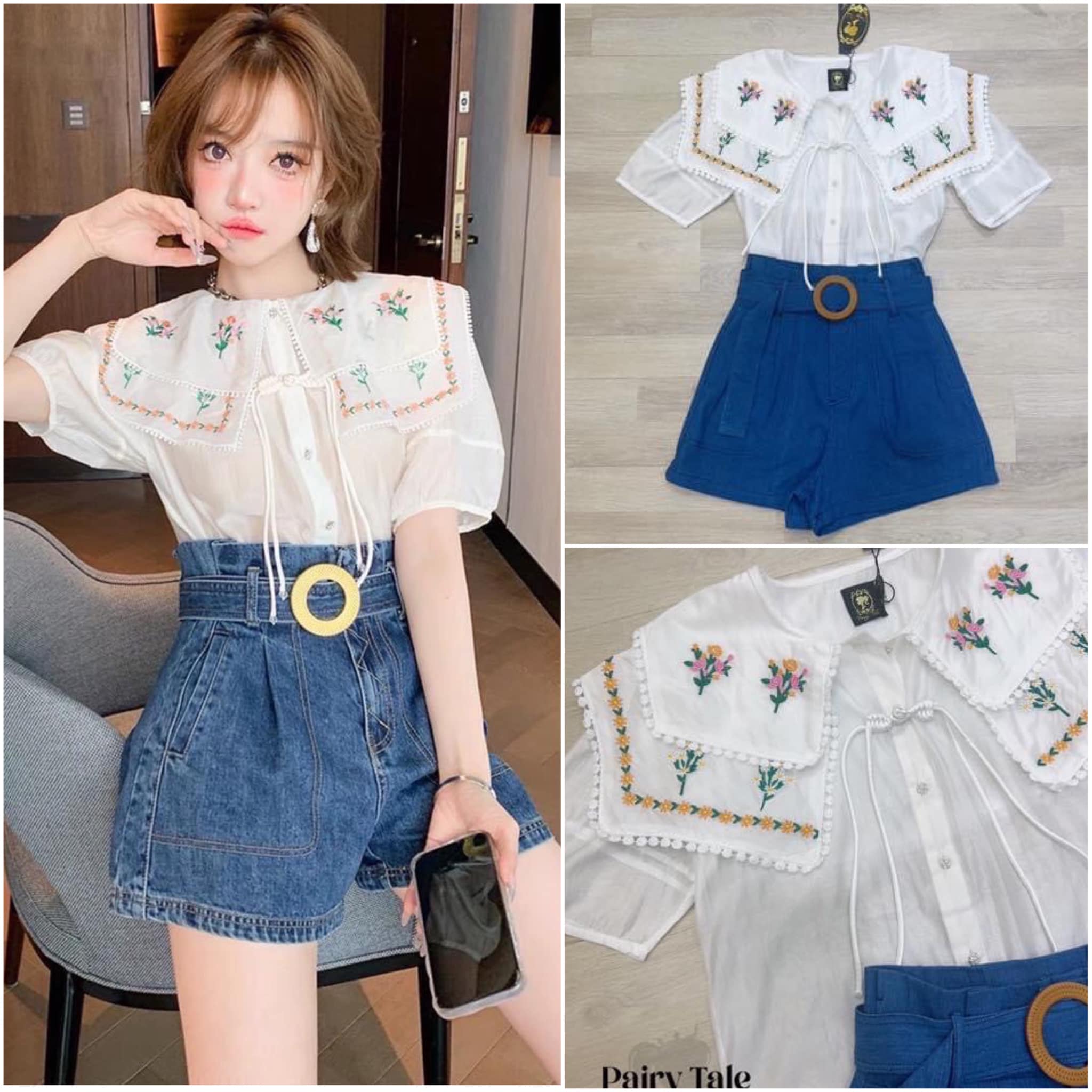 Set เสื้อ+กางเกงขาสั้น เสื้อสีขาวคอปก2ชั้น ปกปักลาย ดอกไม้2ชั้น สินค้าคุณภาพ (พร้อมส่ง)