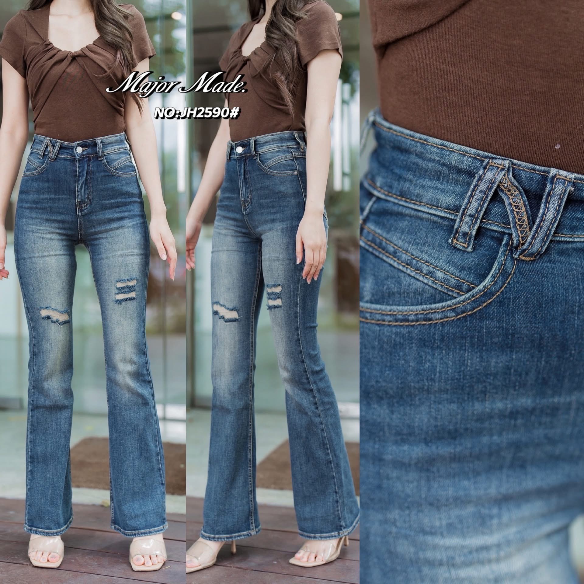 กางเกงยีนส์ขาม้ายาว ทรงเอวสูงงงง รุ่นนี้ขอบอกเลยผ้านิ่มมากๆๆ เนื้อผ้านิ่มหนา ยืดหยุ่นได้เยอะ ใส่ทรงเป๊ะเข้ารูป ปลายขากลวงสวย ทำสกิดขาดนิดๆ ใส่สบาย : สินค้าคุณภาพ (พร้อมส่ง)