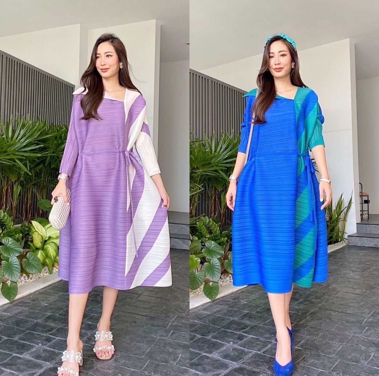 เดรสอัดพลีท Premium 👍🏻 แพตเทิร์น คอวี เฉลียงข้าง เกร๋กรุบ ดีเทลแน่นๆ ด้วยการตัดต่อ ผ้าลายริ้งเฉพาะด้านข้าง ✨✨ เนื้อผ้าอัดพลีท แน่นๆ สวยเก๋ ผ้าเนื้อนุ่ม ใส่สบาย สินค้าคุณภาพ (พร้อมส่ง)