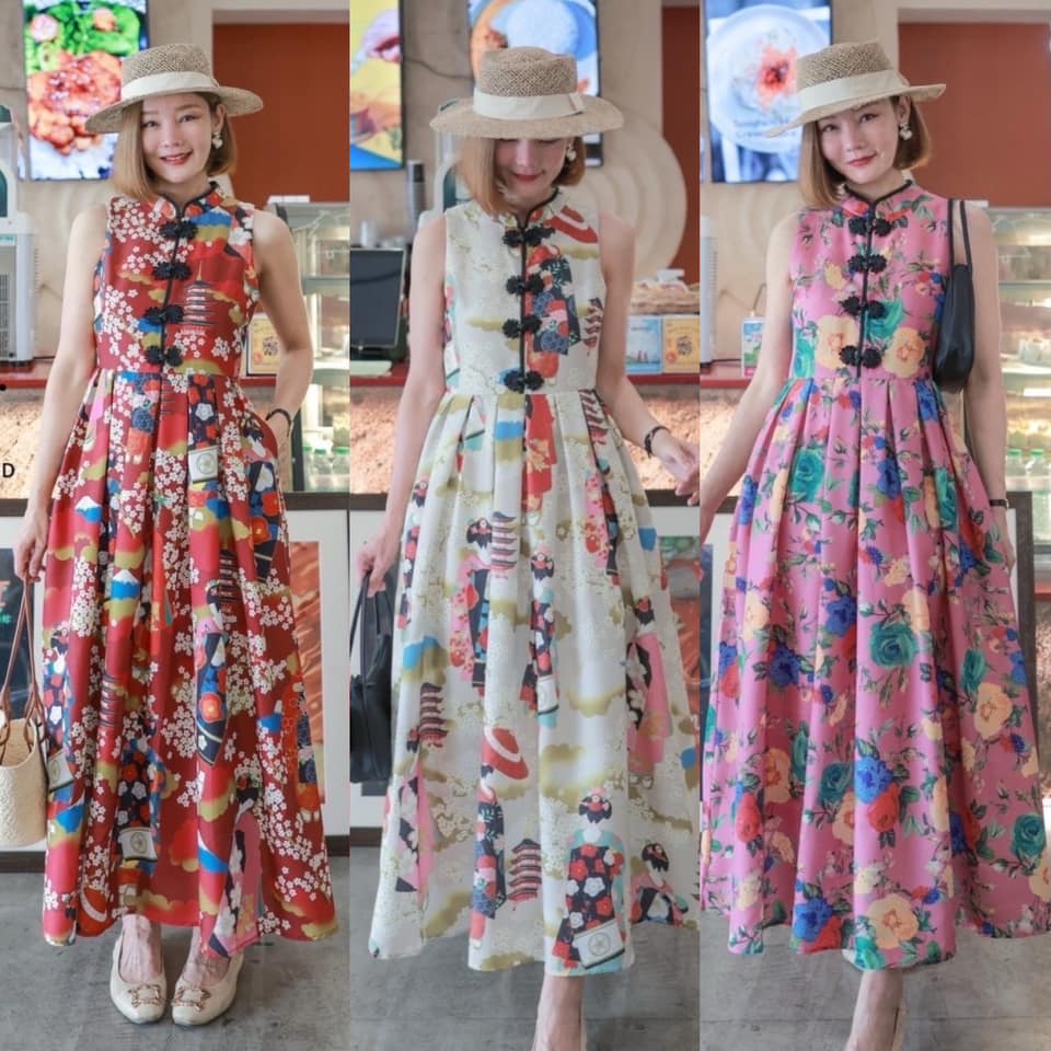 เดรสกี่เพ้า คอจีน ผ้าคอตตอนลินินเนื้อดีงามพิมพ์ลาย สีสวยละมุนตา ผ้าใส่สบายมากค่ะ ใส่สบาย สินค้าคุณภาพ (พร้อมส่ง)