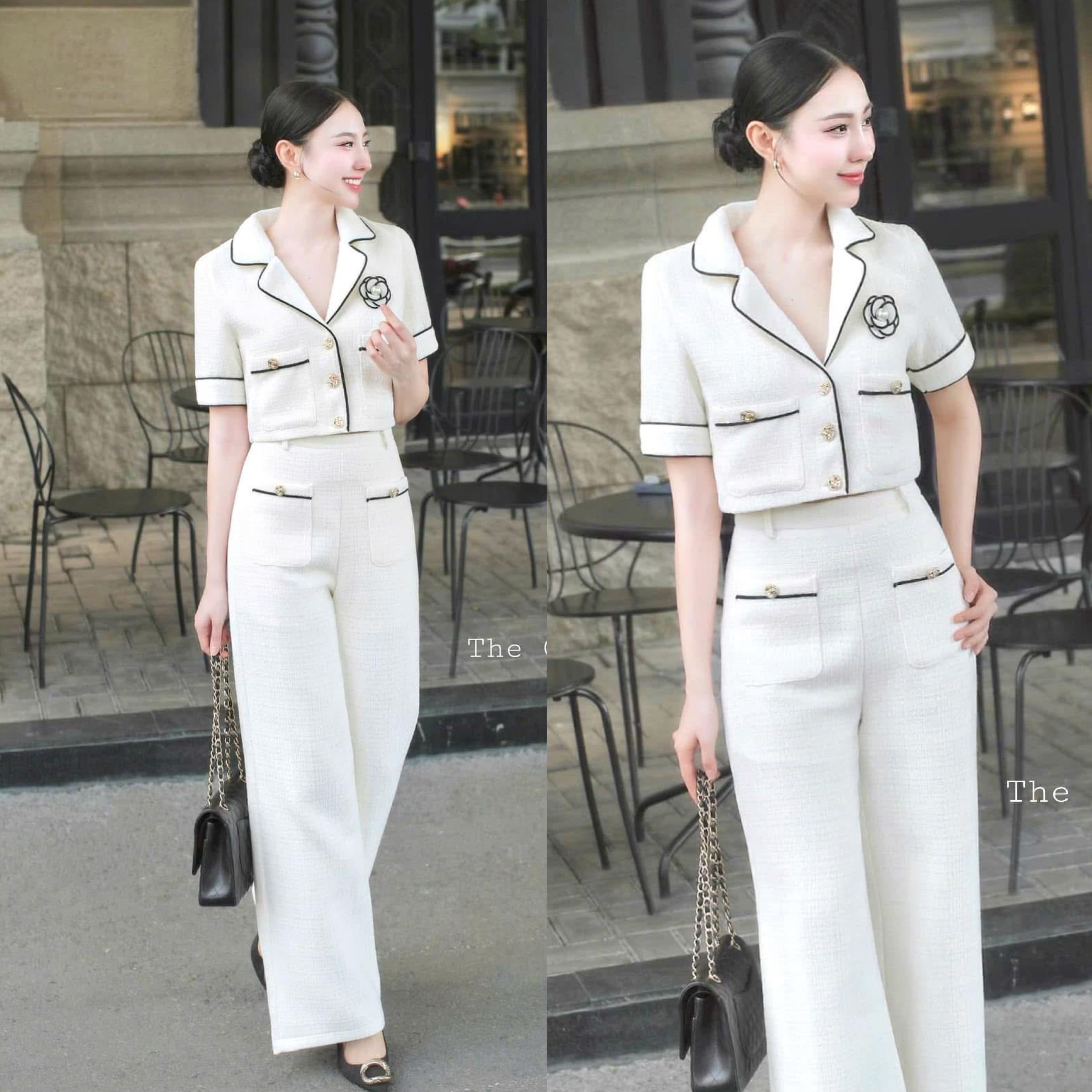 Setชาเนล หรูหราสุดๆ กับชุดเซ็ต3ชิ้น เสื้อครอปและกางเกงขายาวสุดชิคมาพร้อมเข็มกลัดดอกไม้ ใส่สบาย : สินค้าคุณภาพ (พร้อมส่ง)