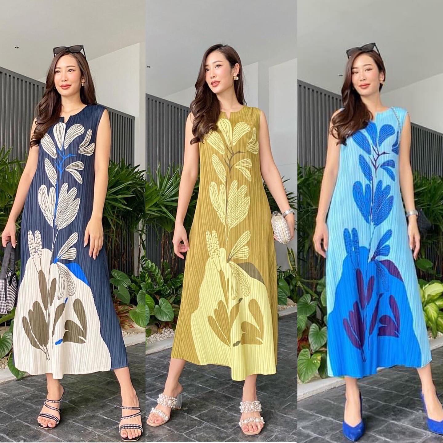 แม็กซี่เดรสตัวยาว แพทเทิร์นอัดพลีท เข้าเคิร์ฟ ทรงคอกลม แขนกุด สวย Premium 👍🏻 ดีไซด์ เพ้นท์ลายดอกไม้ สินค้าคุณภาพ (พร้อมส่ง)