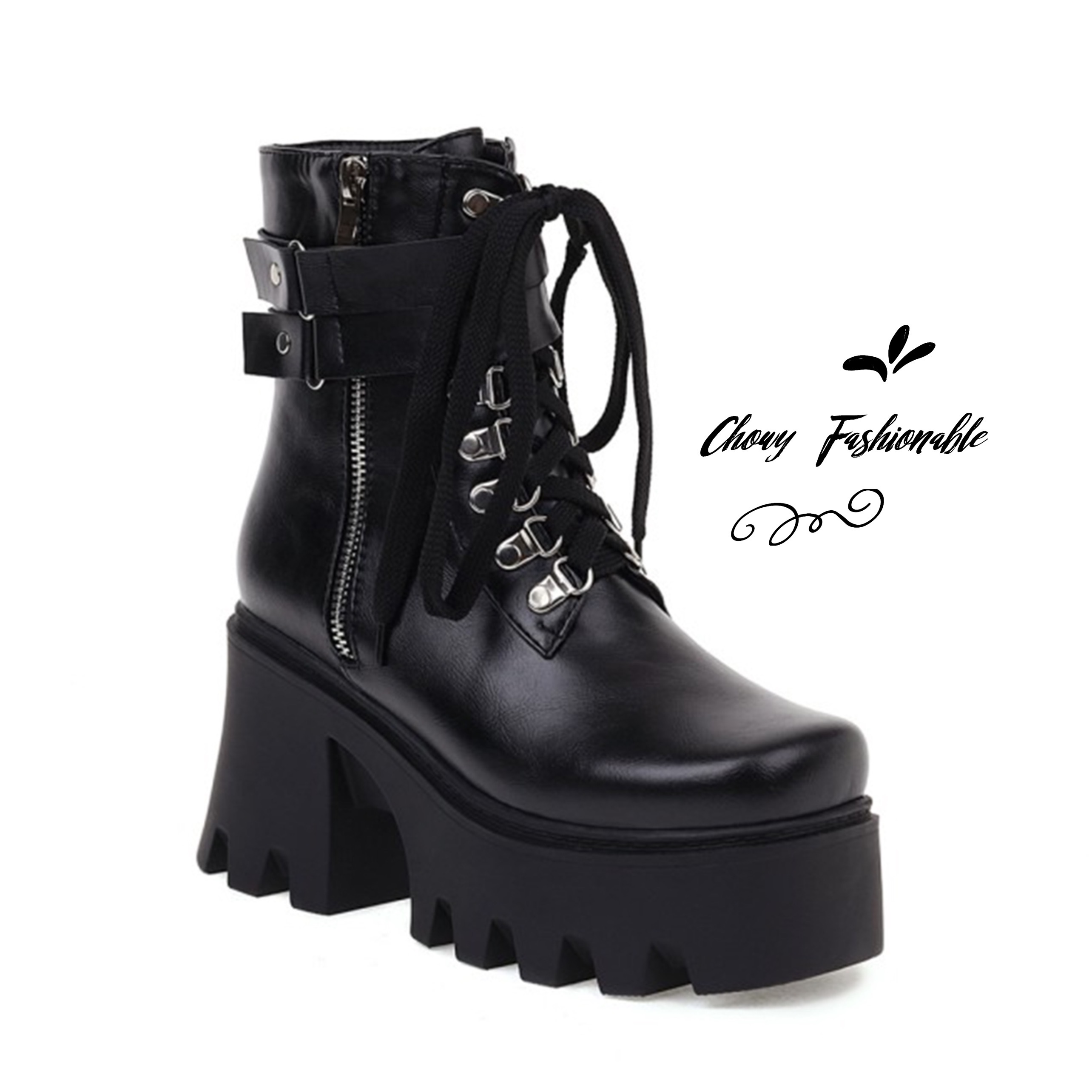 รองเท้าบู้ทไซส์ใหญ่ 40-46 มัฟฟินส้นสูง Boot Fashion Cosplay คอสเพย์ บูทส้นเตารีด ซิบข้าง สีดำ KR1168