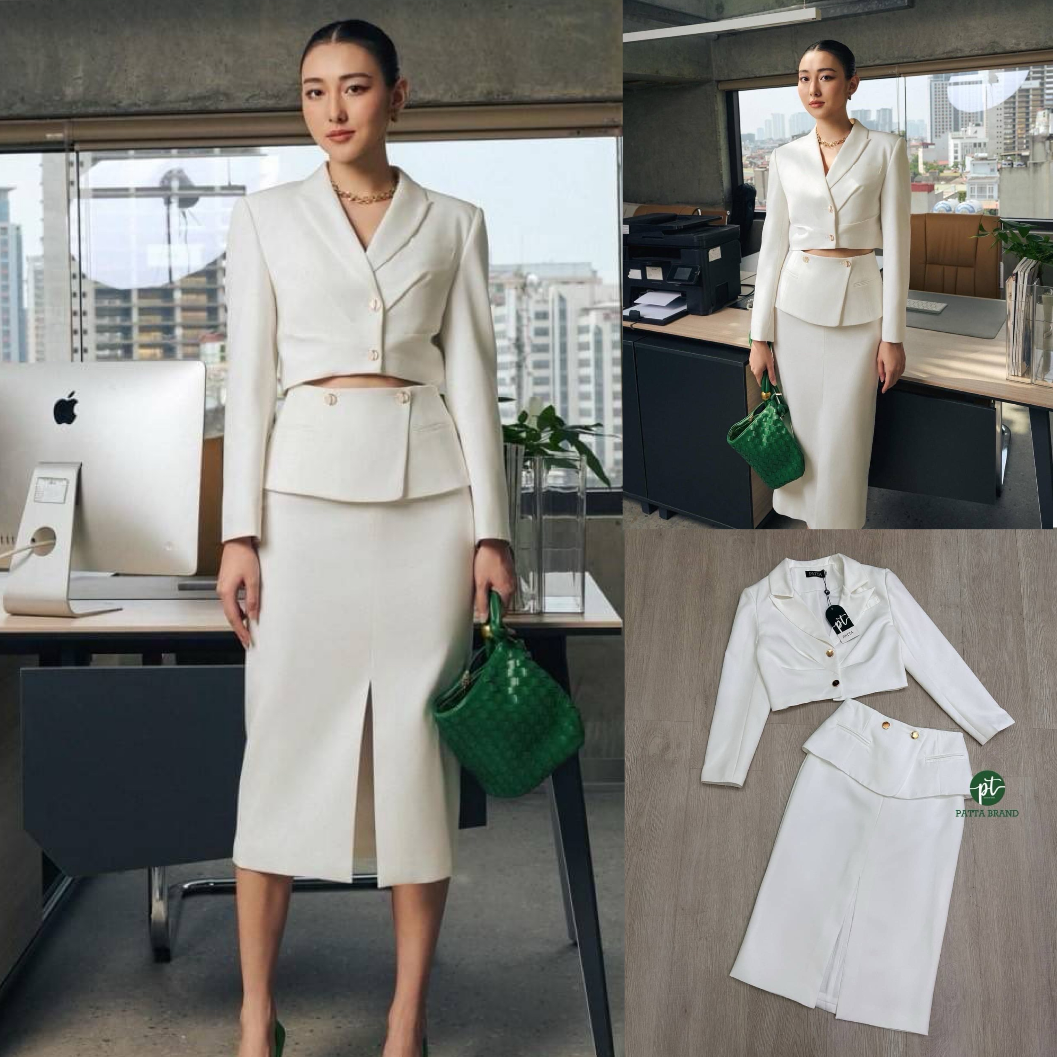 ชุดสูทสไตล์สาวออฟฟิศ เสื้อสูทครอปตัวสั้นแขนยาว +กระโปรงทรงสอบ ใส่สบาย สินค้าคุณภาพ (พร้อมส่ง)