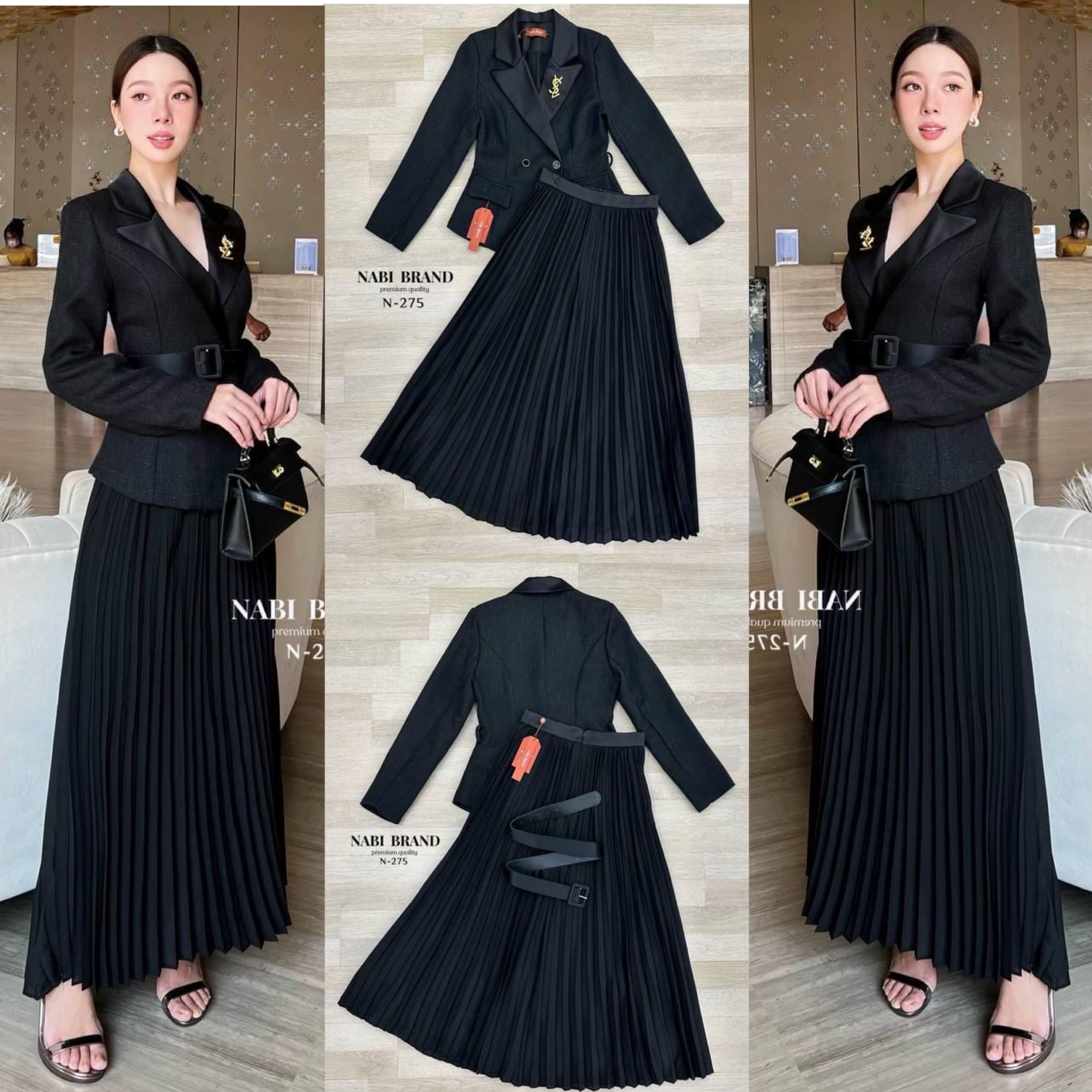 ชุดเซท 4 ชิ้น เสื้อทวิสแขนยาว+ กระโปรงอัดพลีท+เข็มขัด+เข็มกลัดสีทอง ใส่สบาย สินค้าคุณภาพ (พร้อมส่ง)