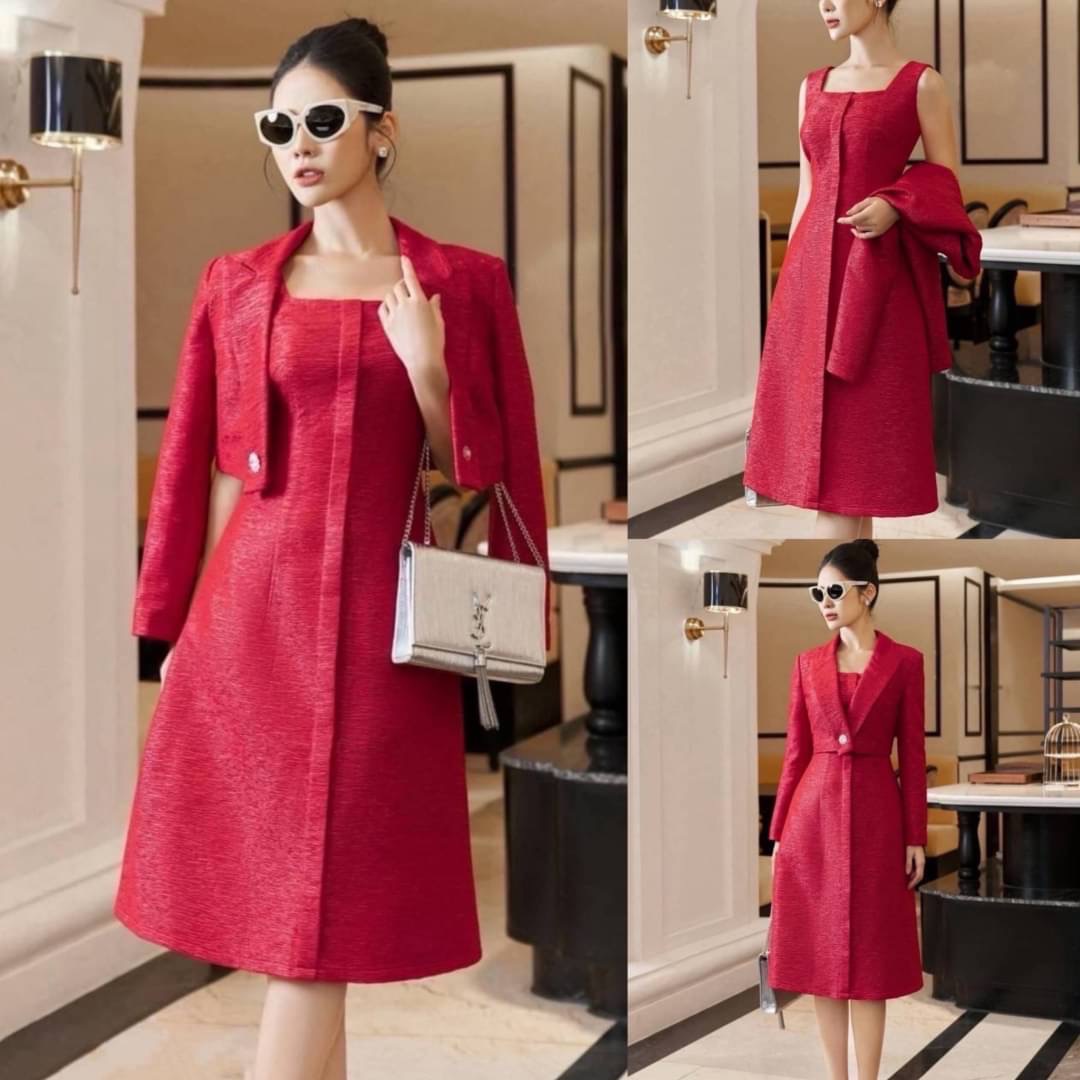 เซต2ชิ้นสีแดง เดรสแขนกุดผ้าอัดย่นลายเปลือกไม้ เย็บซับในอย่างดี เสื้อคลุมครอปตัวสั้นแขนยาว สินค้าคุณภาพ (พร้อมส่ง)